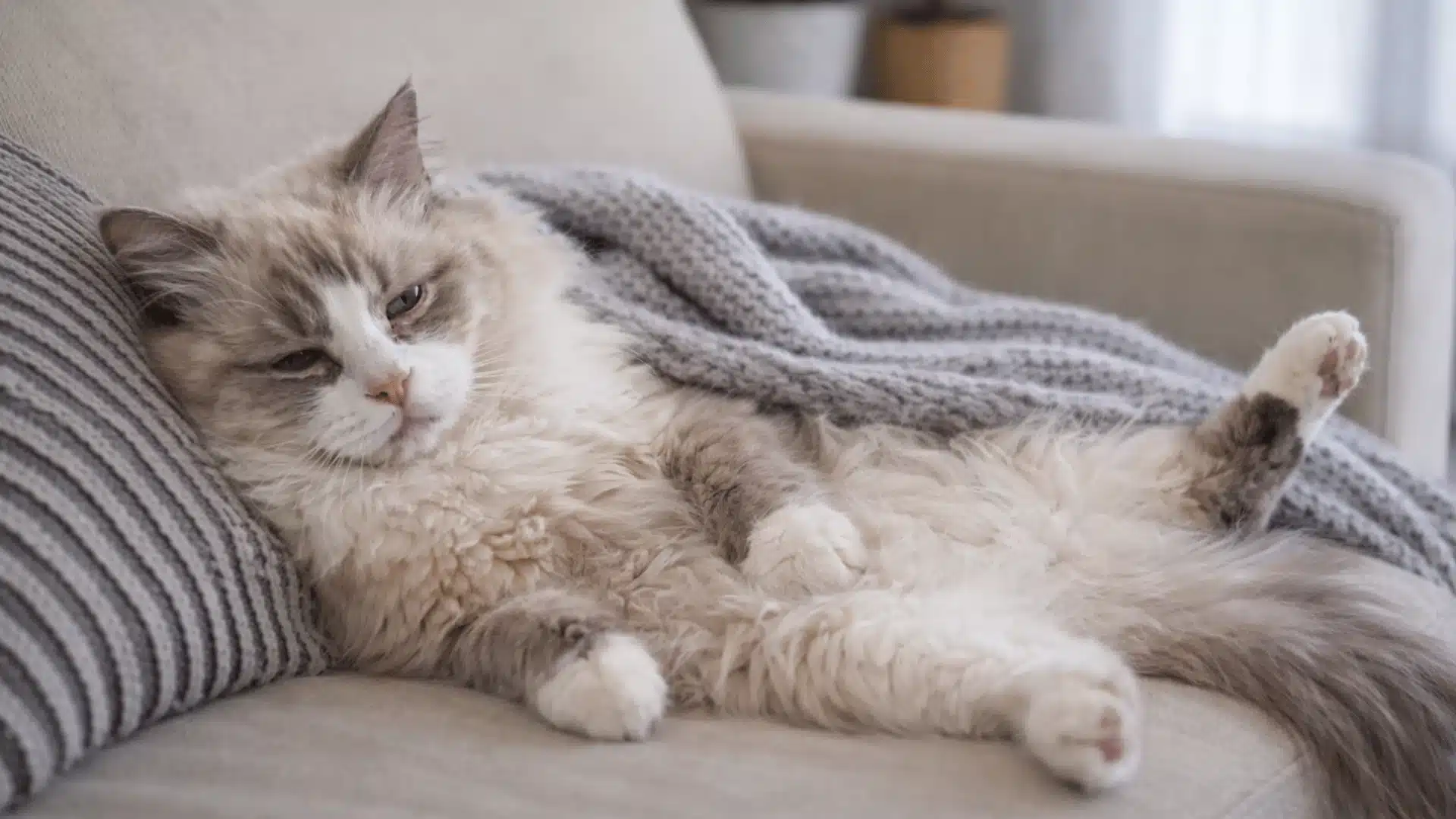 Sick Ragdoll cat lying on couch under blanket, appearing weak and lethargic