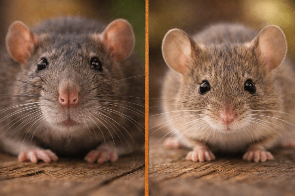 Side by side close up comparison of a rat and a mouse highlighting differences in nose and head shape