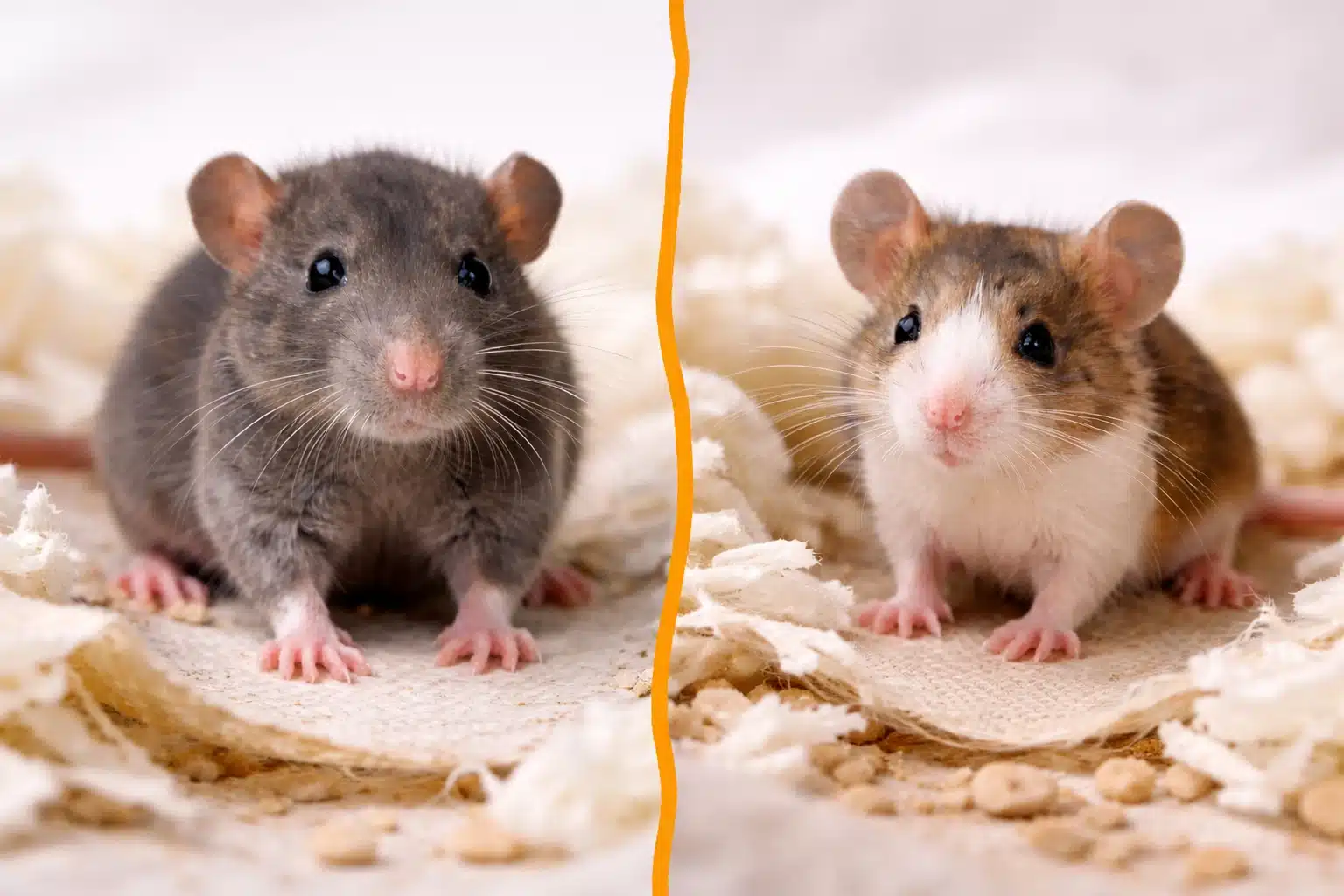 Side by side comparison of a baby rat and a baby mouse highlighting size, head shape, and facial differences
