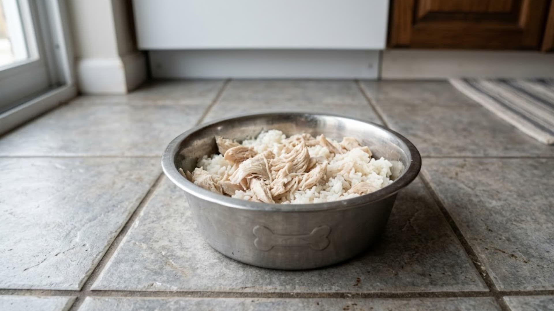 Simple dog-friendly meal of boiled chicken and white rice in a stainless steel dog bowl, placed on a kitchen floor with soft natural lighting