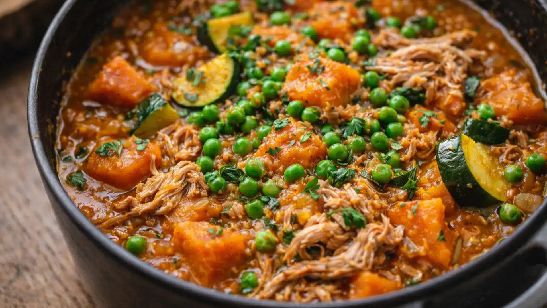 Slow-cooked turkey stew with rabbit, zucchini, sweet potatoes, and green peas