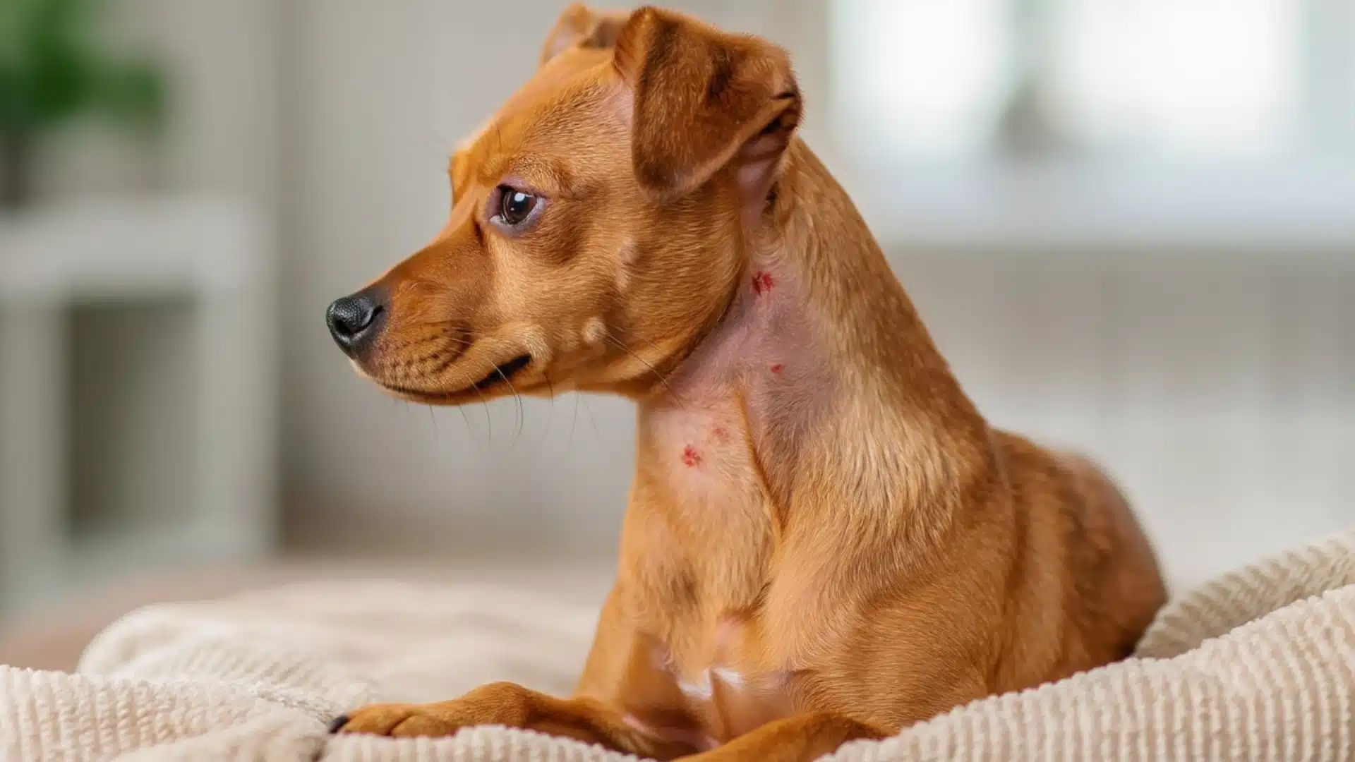 Small brown dog resting on a blanket with visible red bumps on the neck and chest area from a skin condition