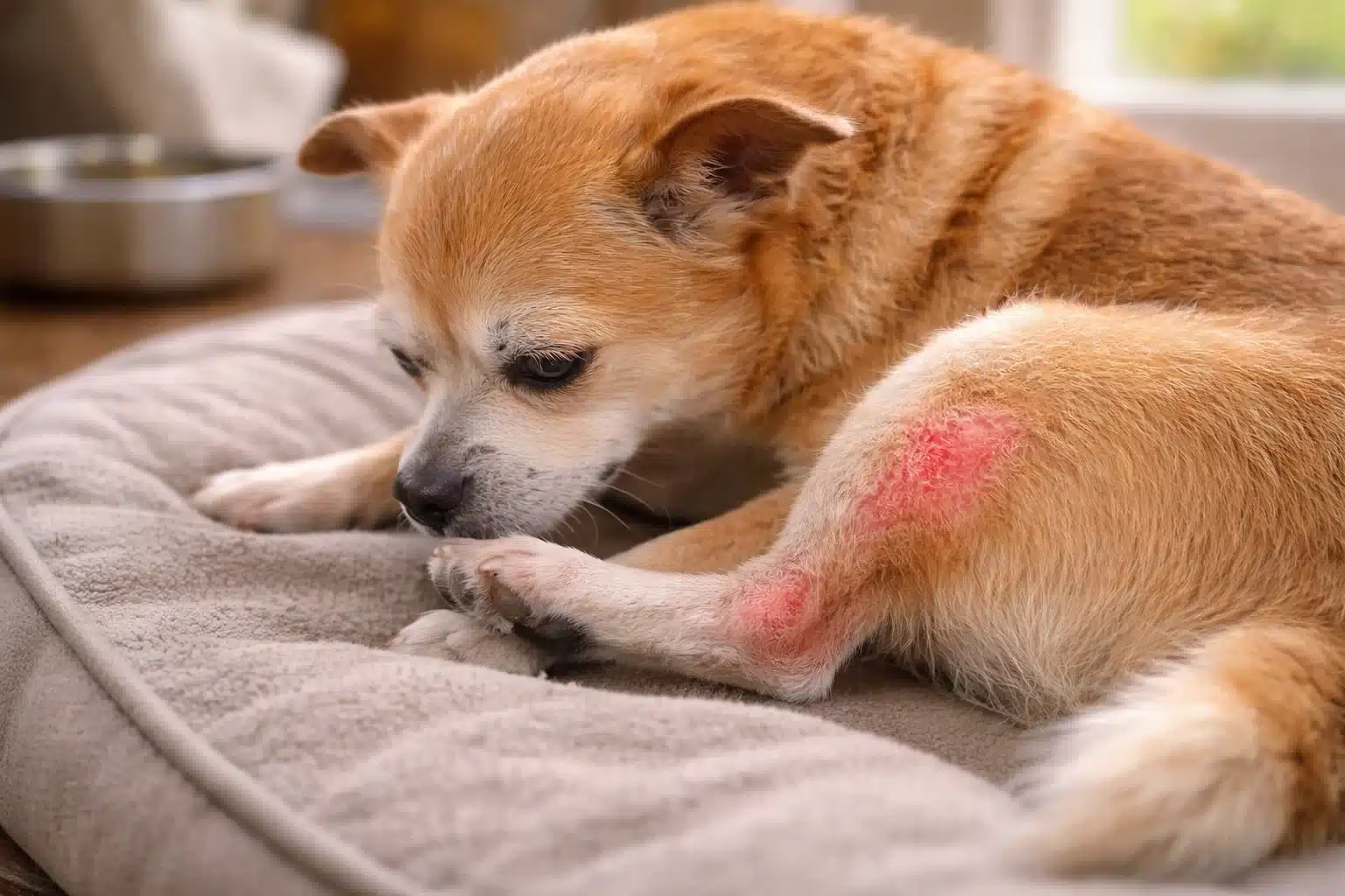 Small dog licking irritated red skin on hind leg, often linked to joint pain and hot spots in dogs