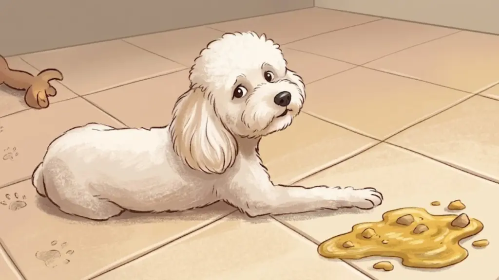 Small dog lying on tiled floor near a mess, showing possible digestive issue or indoor accident scenario