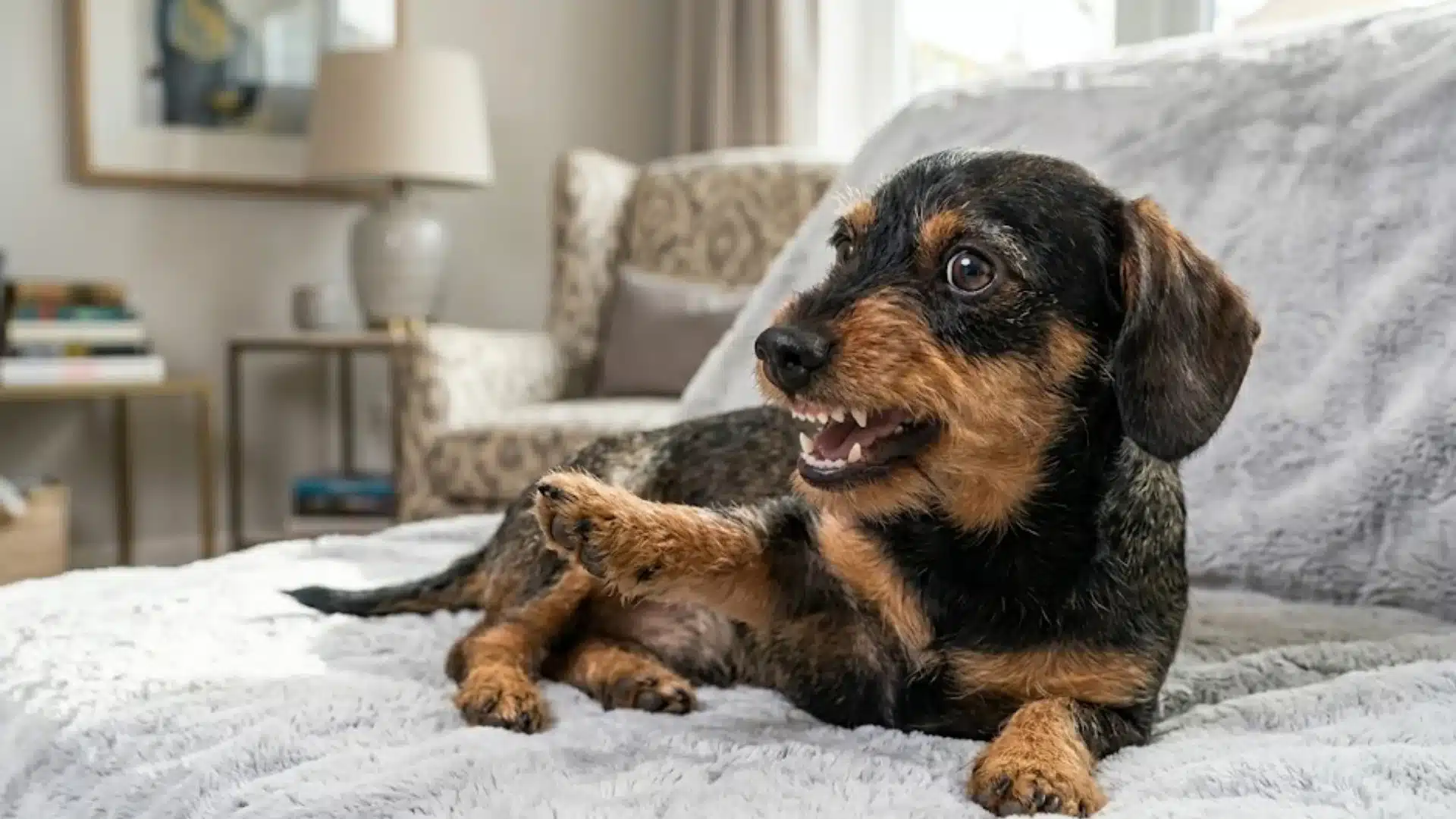 Small dog showing teeth and acting uneasy on couch, possible sign of strange or anxious behavior
