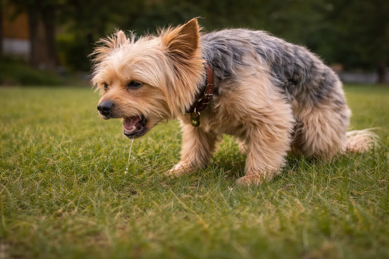 Small Yorkshire terrier coughing on grass possibly due to kennel cough or throat irritation
