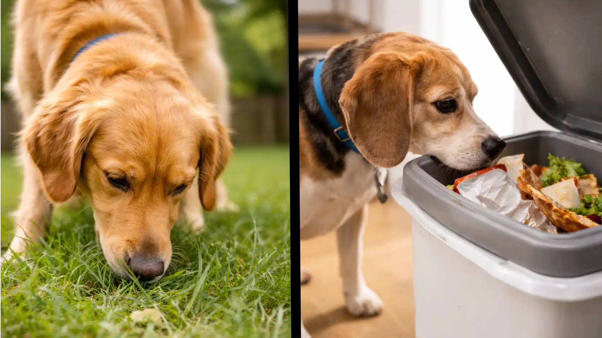 Split image showing a dog eating grass outdoors on one side and another dog sniffing inside a kitchen trash bin on the other, both in natural light