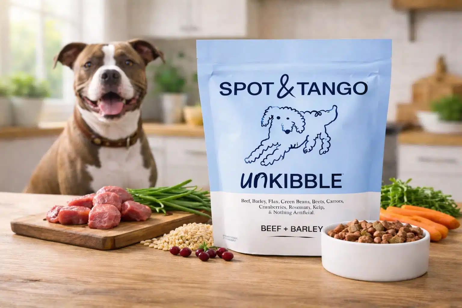 Spot and Tango UnKibble beef and barley dog food bag with pitbull and fresh ingredients on kitchen counter