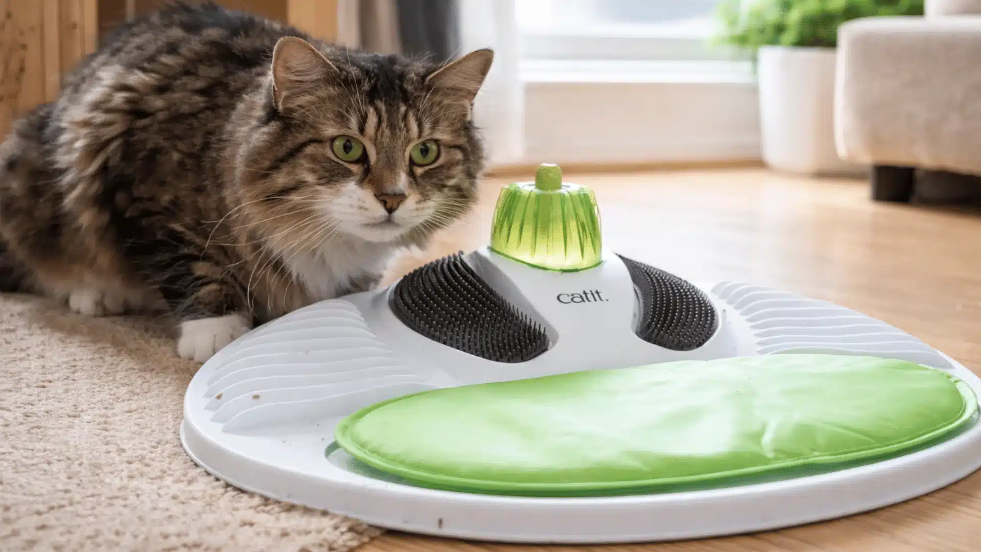 Tabby cat lying on carpet with a small plush hedgehog toy indoors