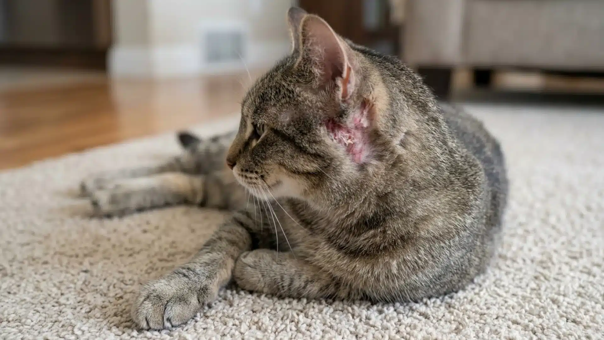 Tabby cat lying on carpet with red irritated skin near ear, showing possible infection or allergy