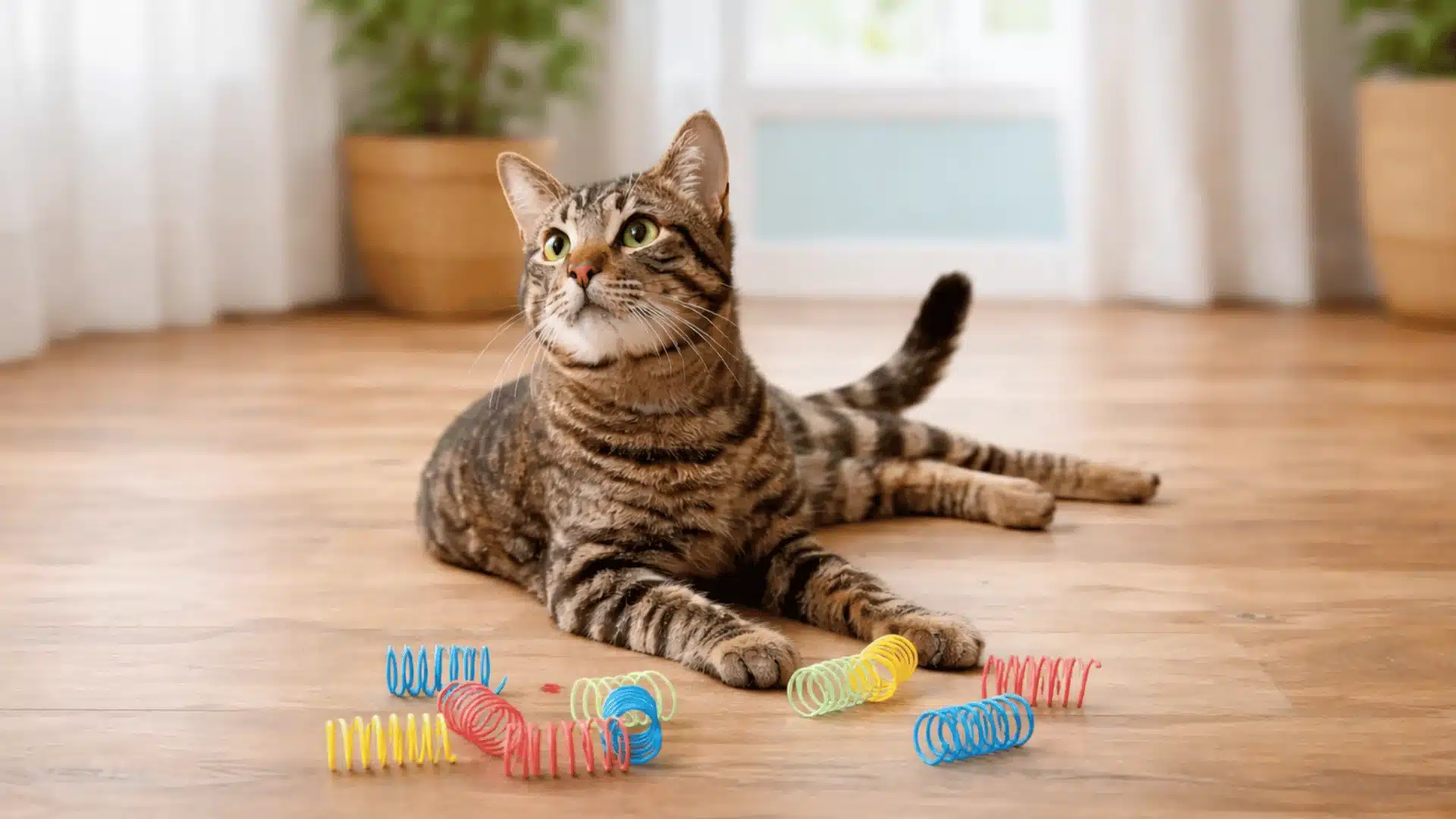 Tabby cat lying on wooden floor with colorful spring toys, looking alert in a bright room