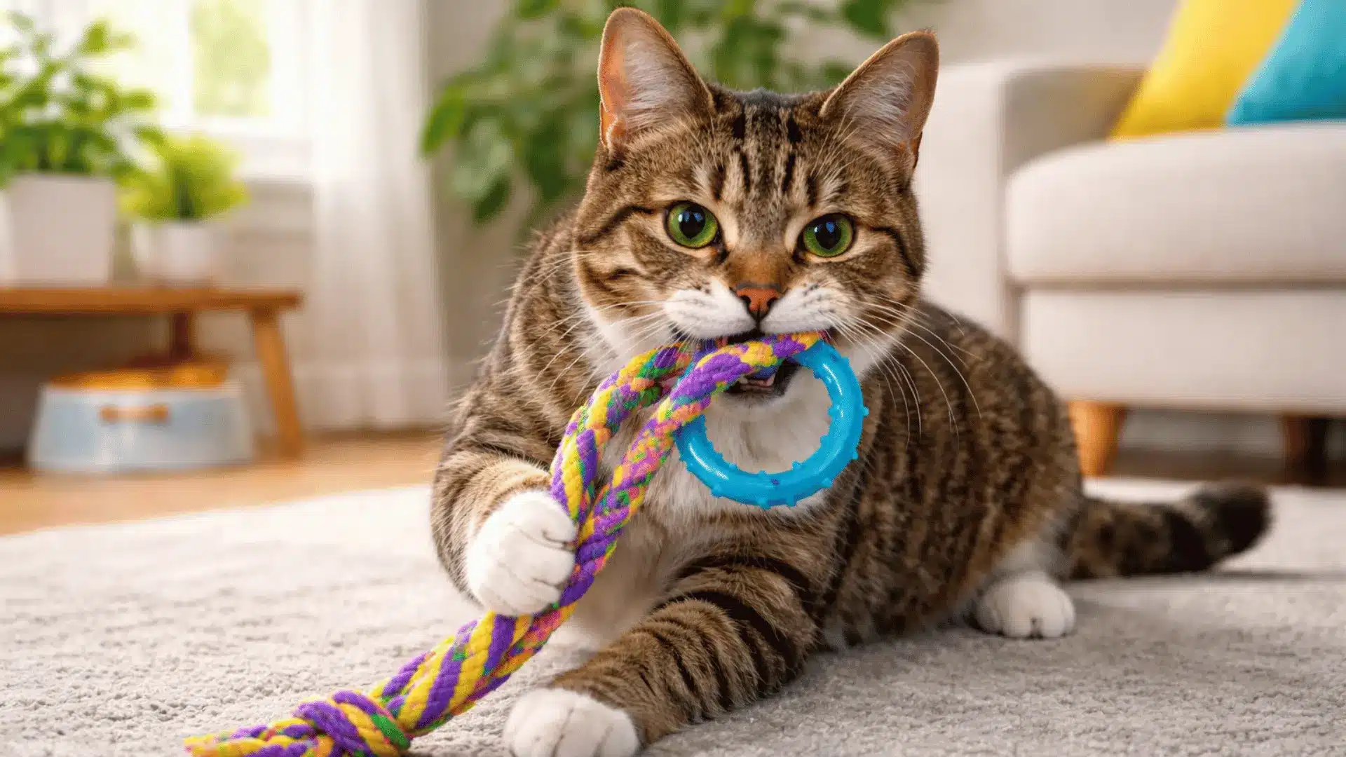 Tabby cat sniffing and pawing at fabric chew toys on a wooden floor indoors
