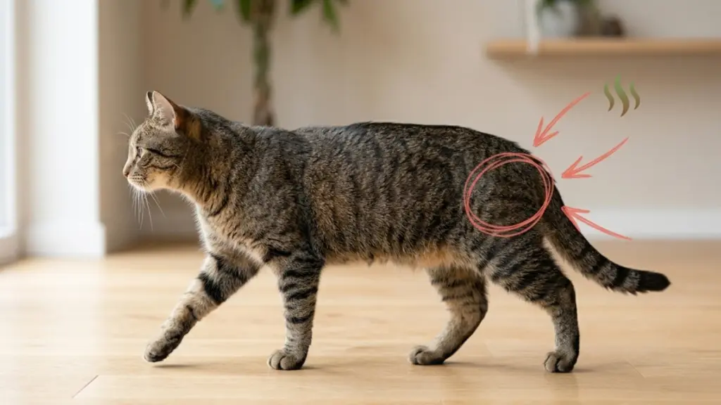 Tabby cat walking indoors with arrows pointing to rear area and odor icon, highlighting stinky cat issue