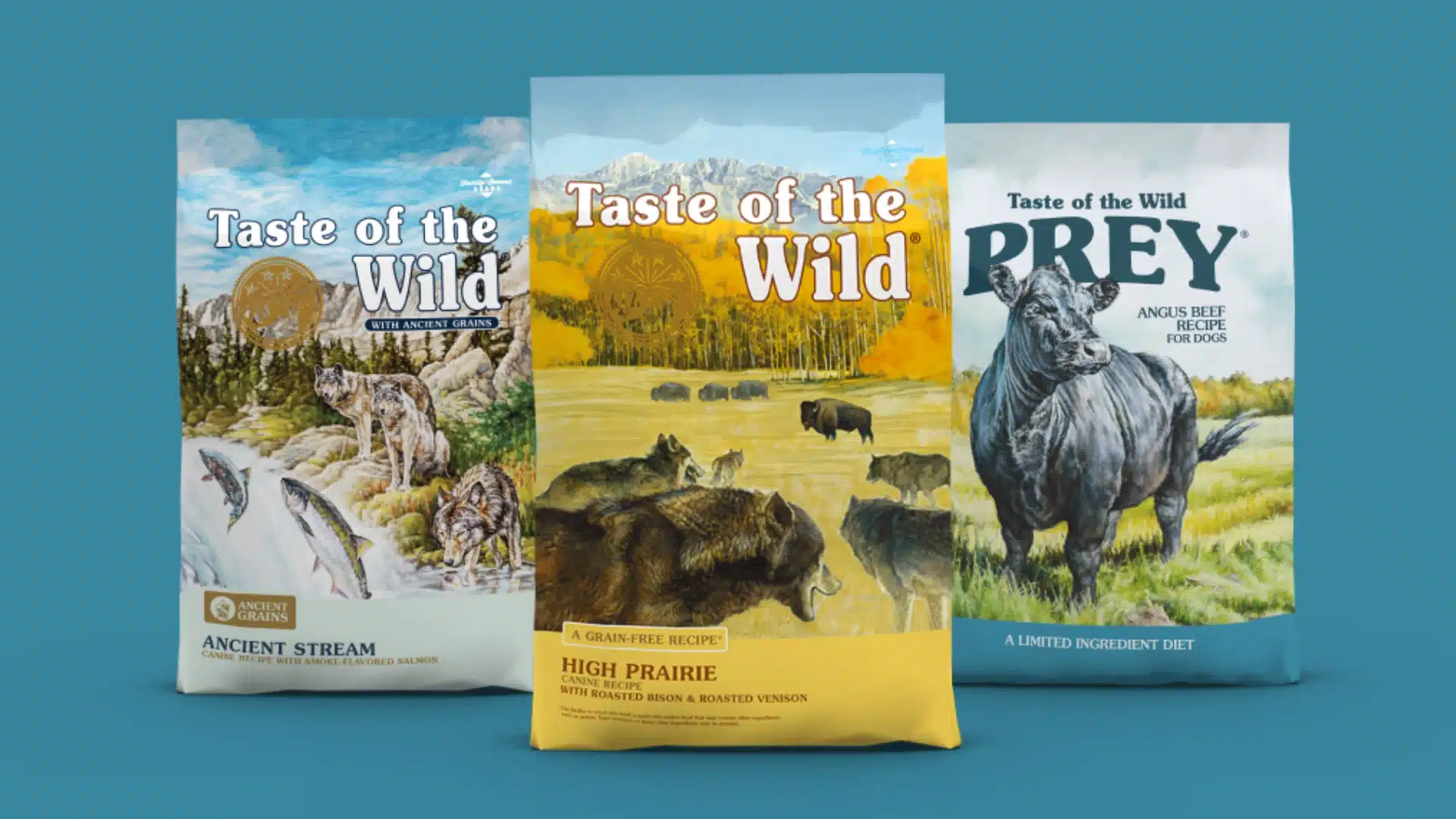 Taste of the Wild dog food varieties including High Prairie, Ancient Stream, and Prey Angus Beef recipes