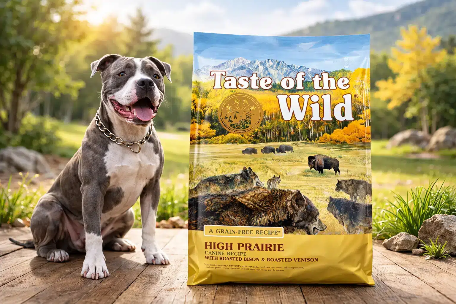 Taste of the Wild High Prairie grain free dog food bag with pitbull sitting outdoors in park setting
