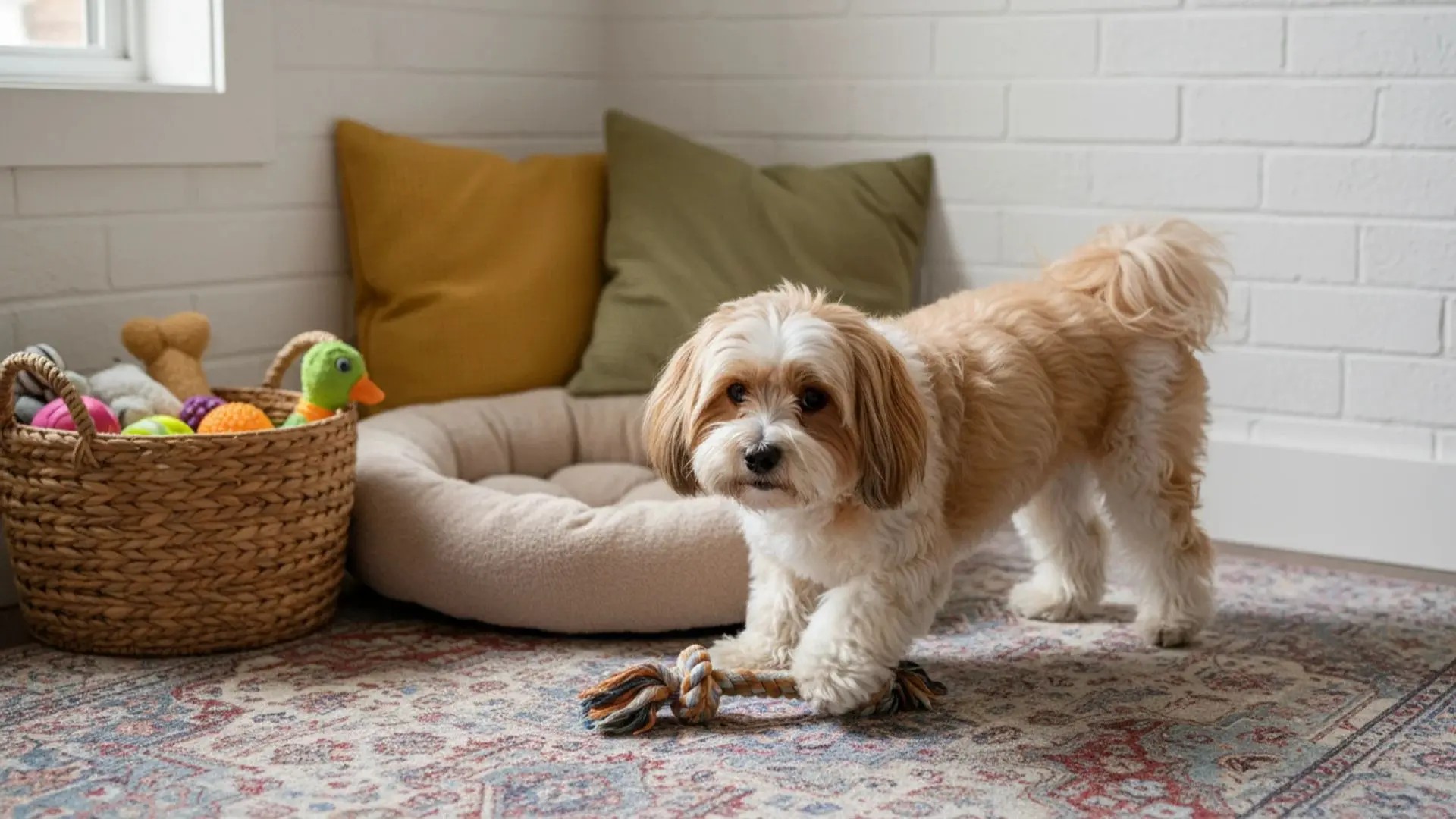 Teddy bear dog playing indoors near pet bed and toys small fluffy companion dog with soft coat in cozy home setting