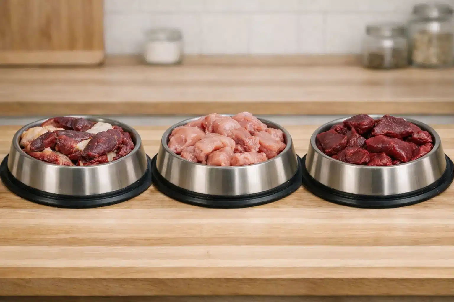 Three stainless steel bowls on a wooden surface filled with raw beef, chicken, and organ meat for pets