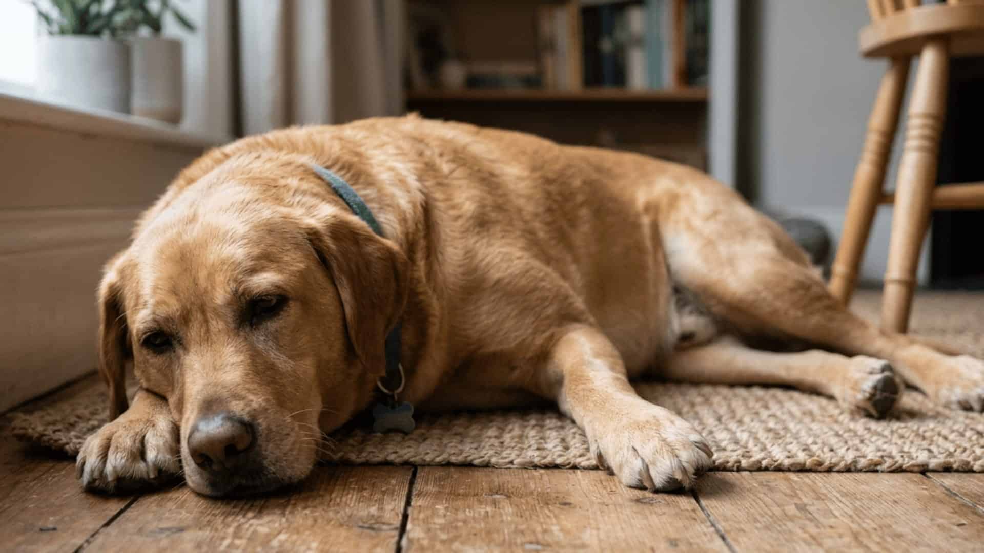 Tired dog lying on indoor floor showing low energy and possible dehydration signs