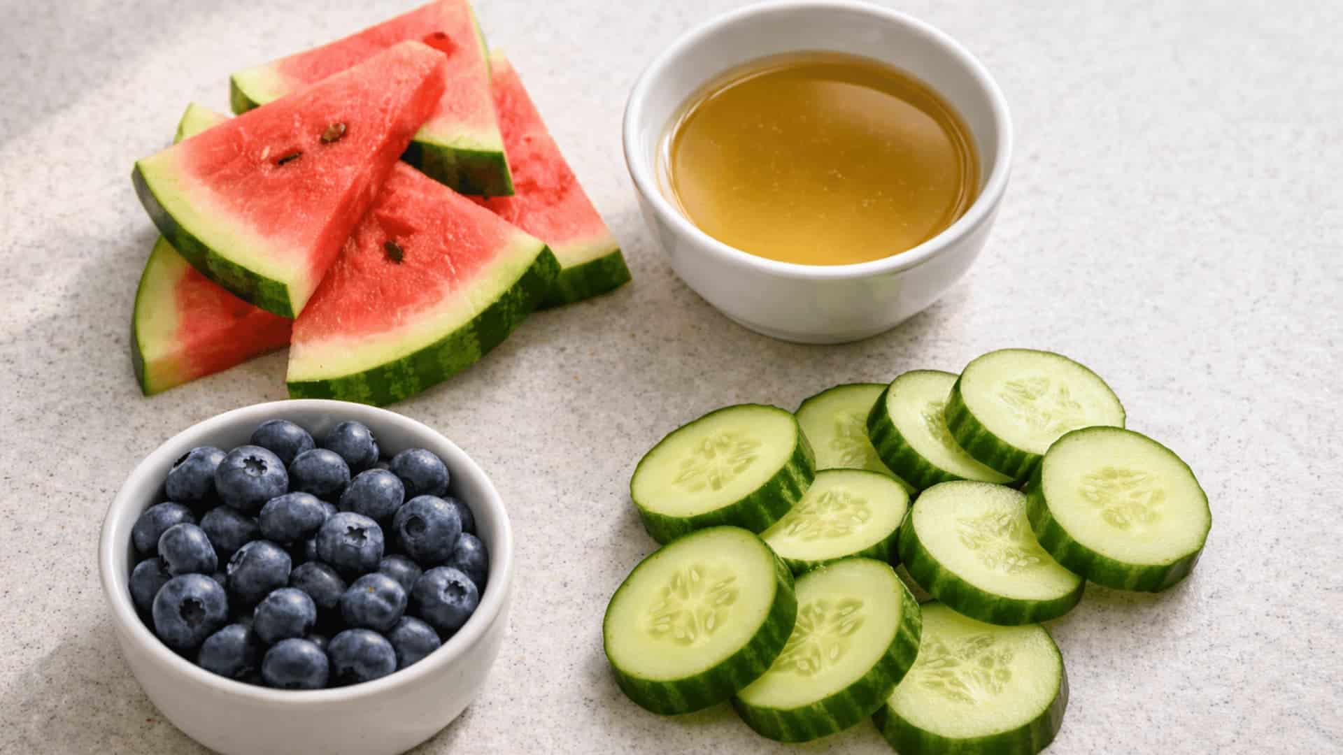 Top view of dog-safe hydrating foods including watermelon cucumber blueberries and broth