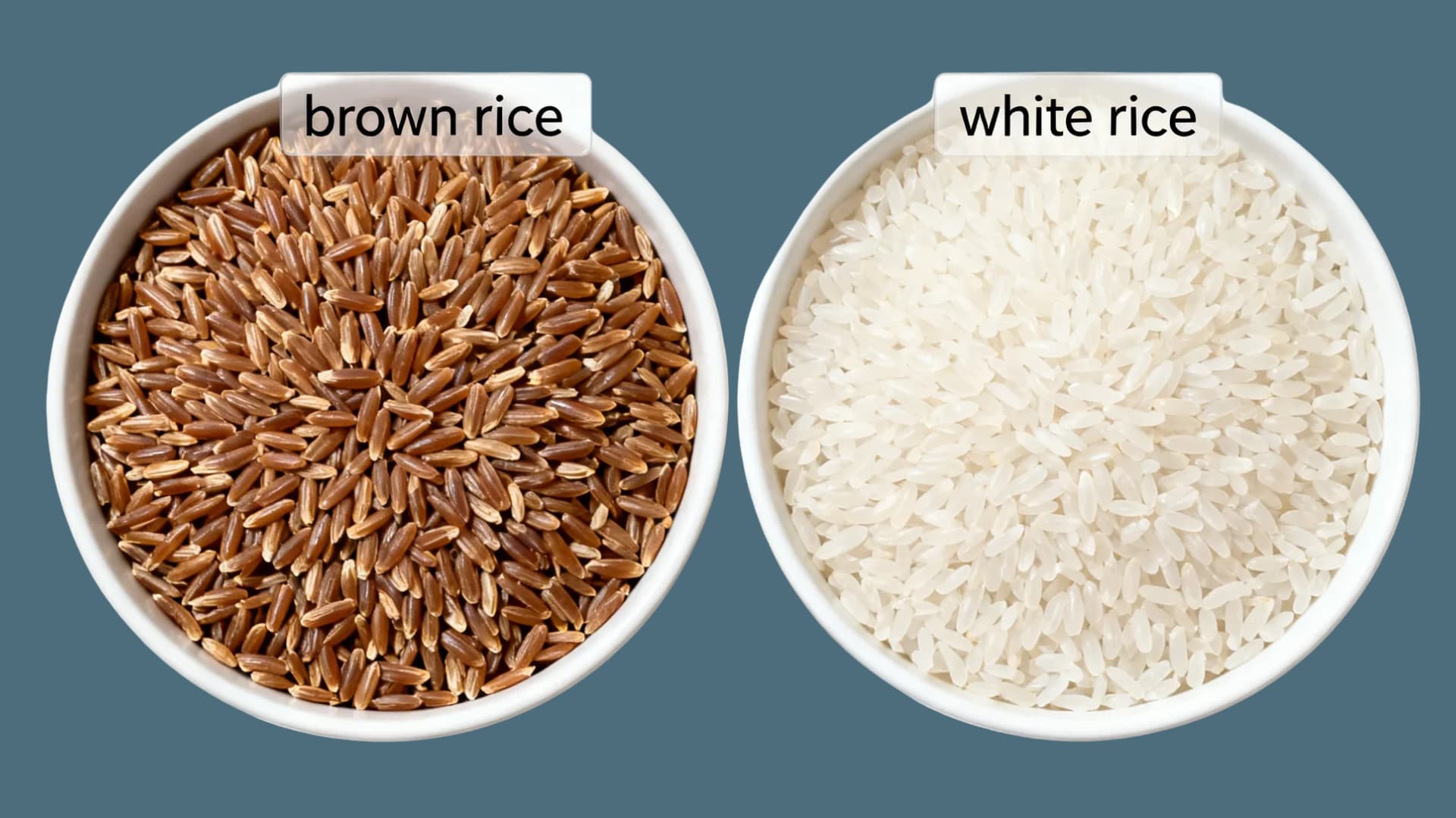 Top view of two bowls side by side, one filled with brown rice and one with white rice, labeled clearly, minimal background, bright lighting, comparison style