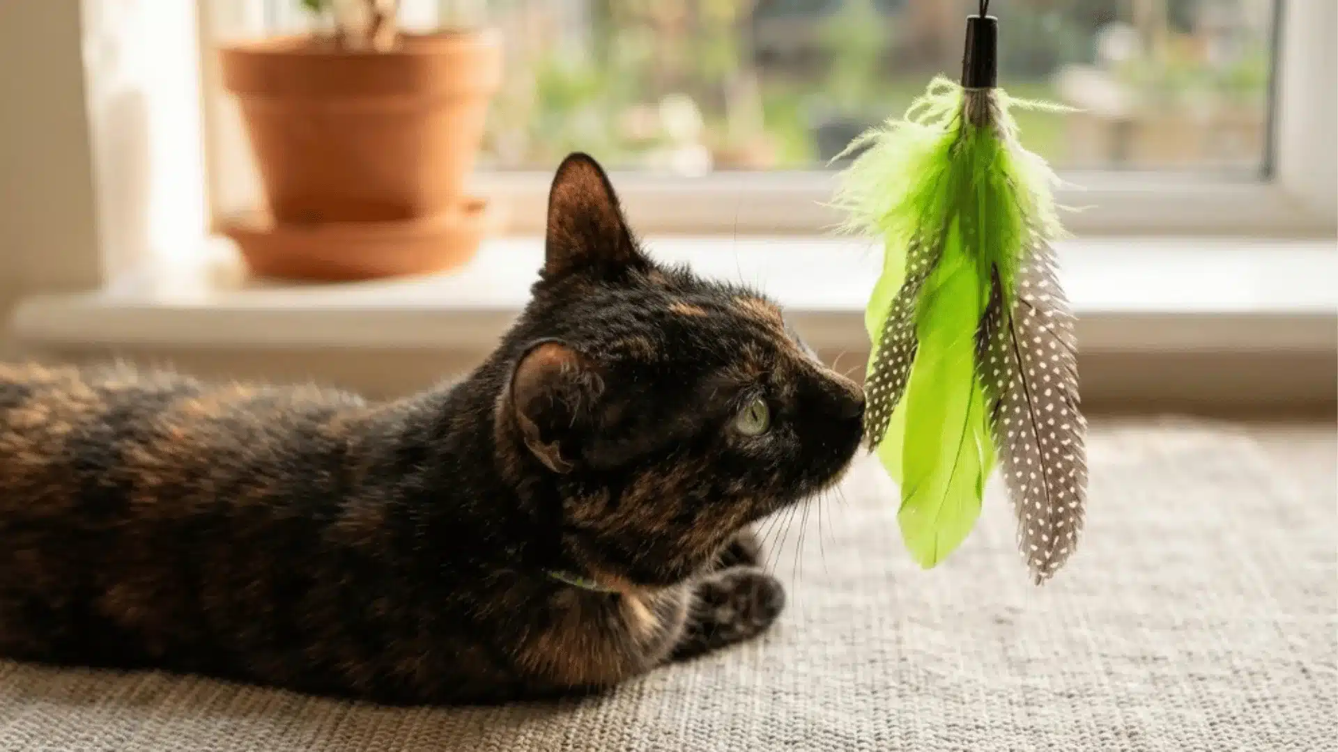 Tortoiseshell cat watching green feather wand toy near a window