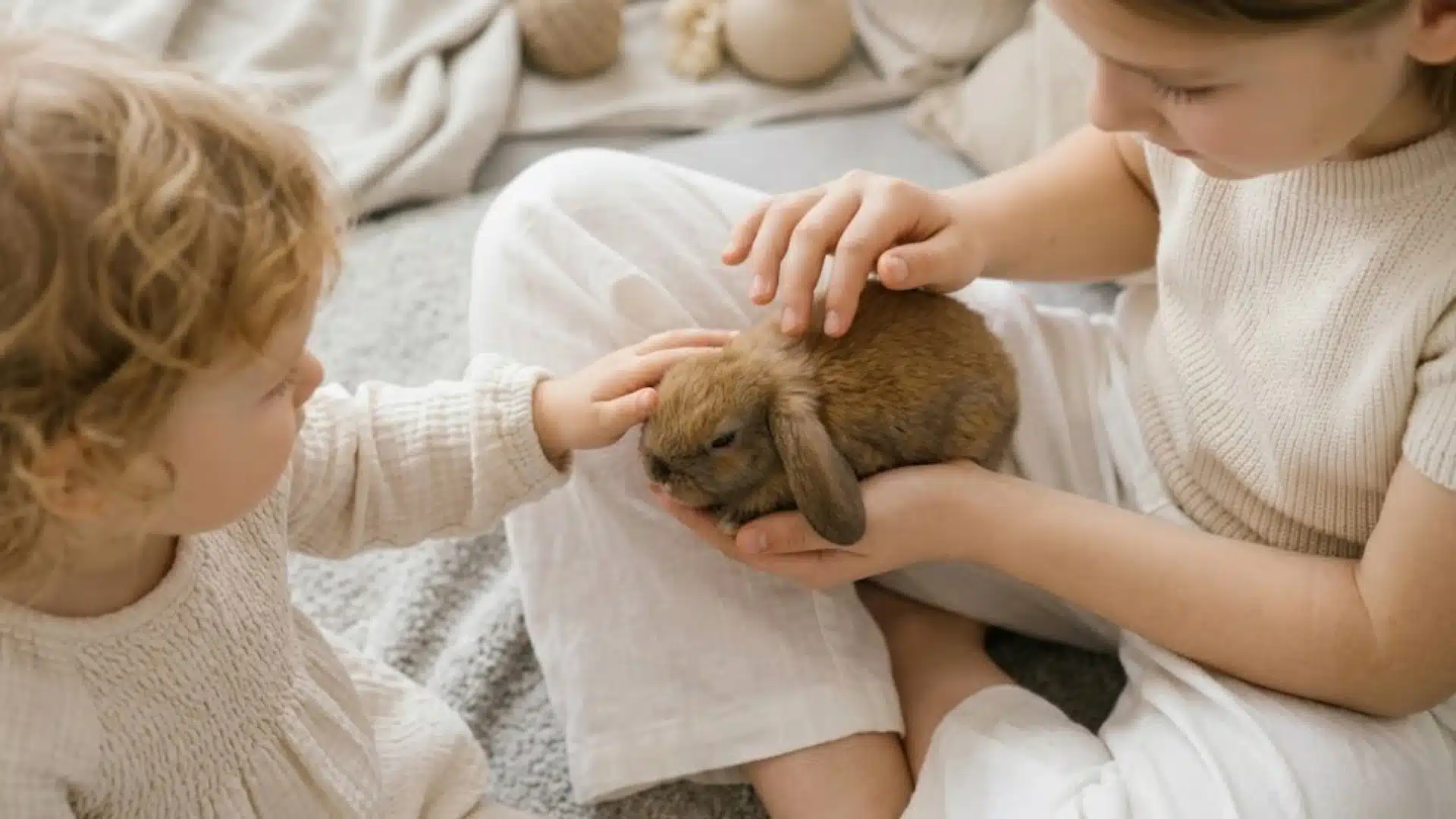 Two children gently petting a small rabbit indoors, showing safe handling and calm interaction with a pet bunny