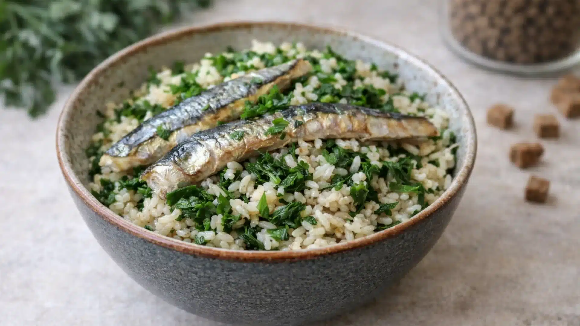 Two grilled sardines served over a bed of herbed rice and leafy greens