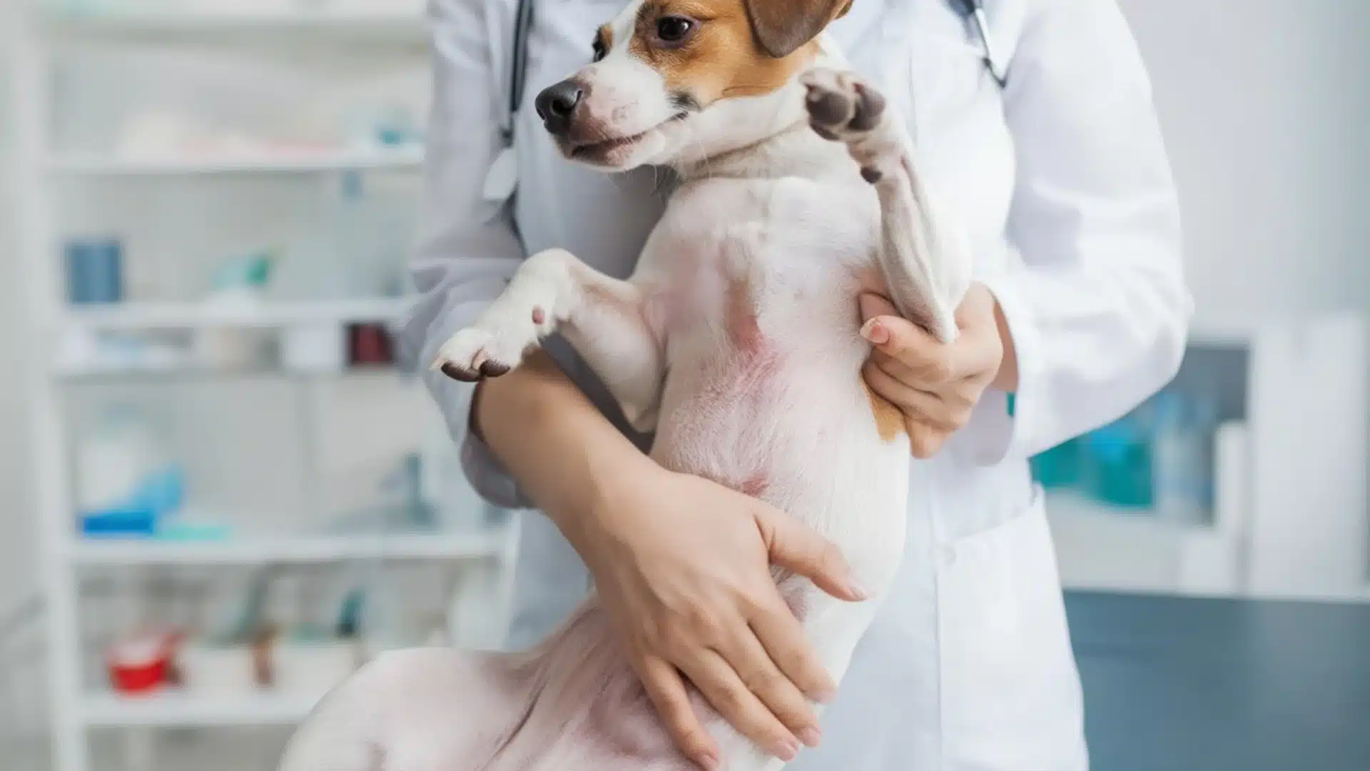 Vet holding a small white and brown dog upright showing a red irritated rash across the belly during a clinic visit