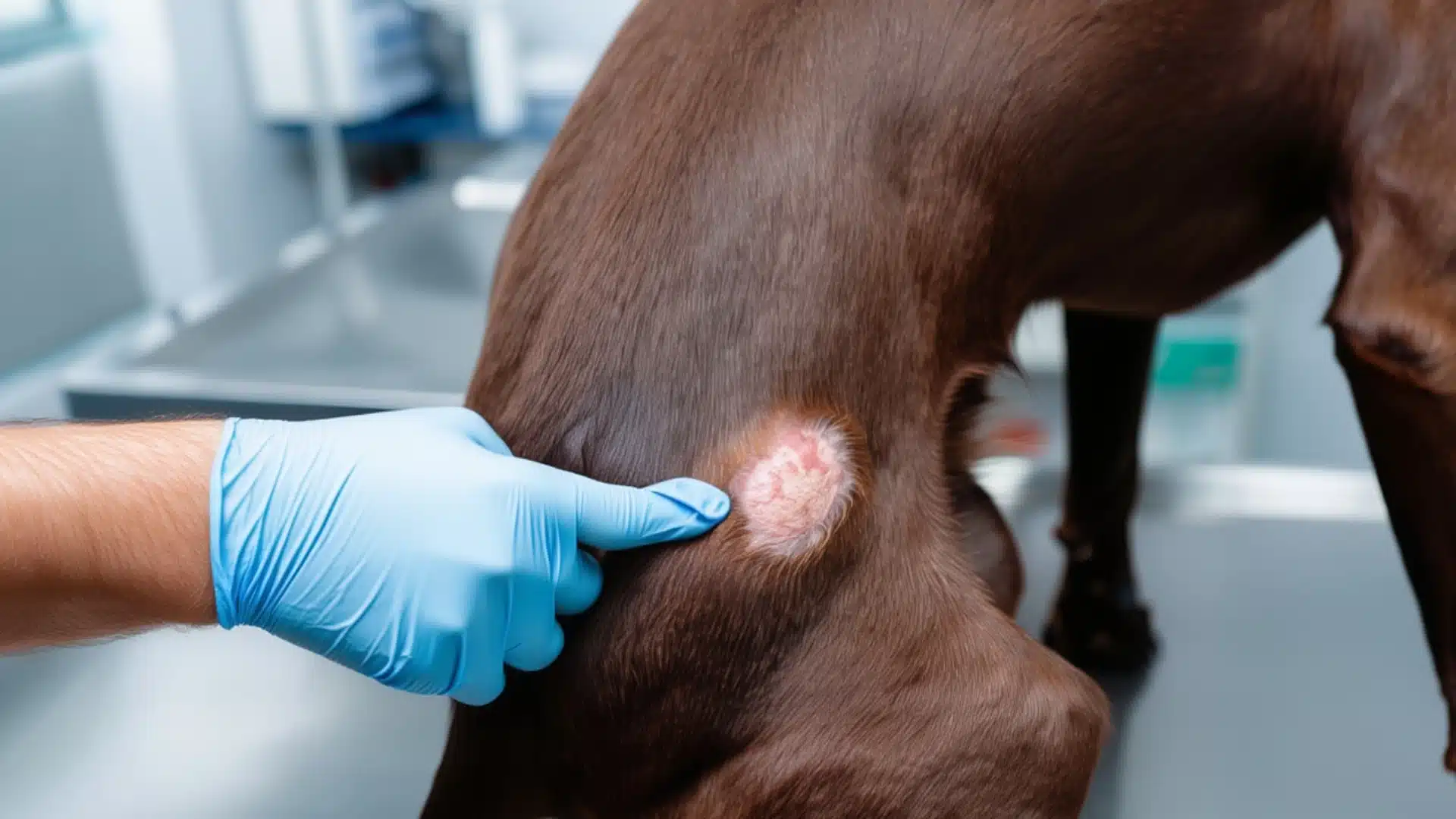 Vet wearing blue gloves examining a circular red skin patch with hair loss on a brown dogs hind leg during a clinic checkup