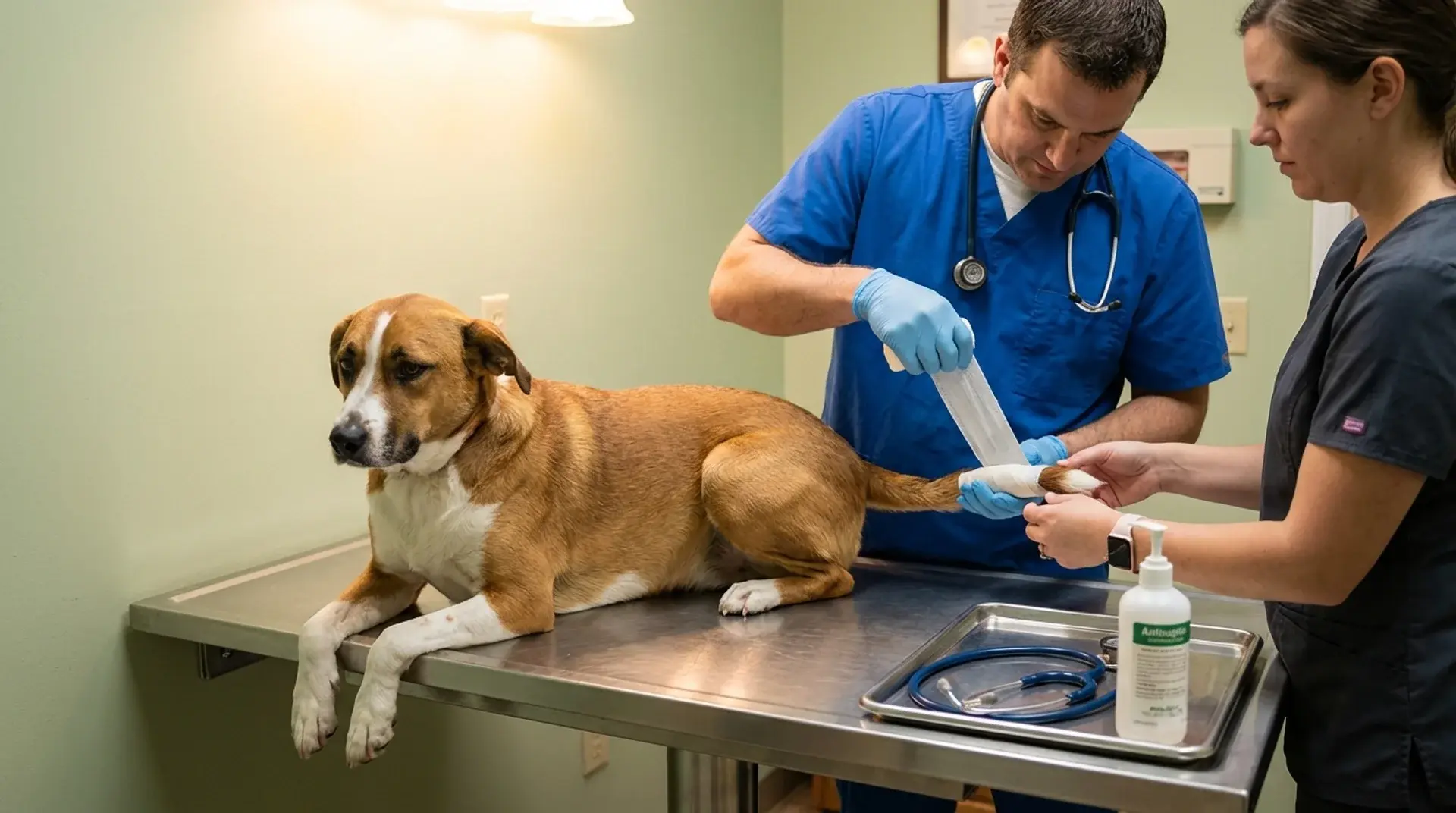 Veterinarian bandaging dog tail injury on exam table, treating happy tail condition in clinic