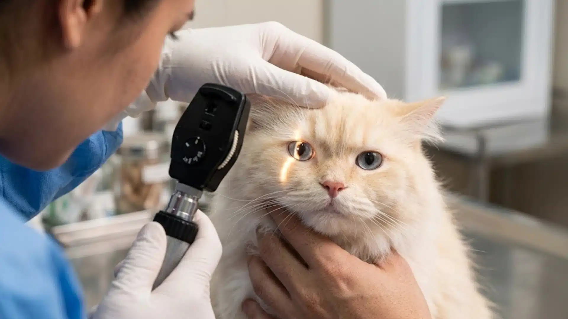 Veterinarian examining a cat’s eye with an ophthalmoscope to check pupil response and eye health in clinic