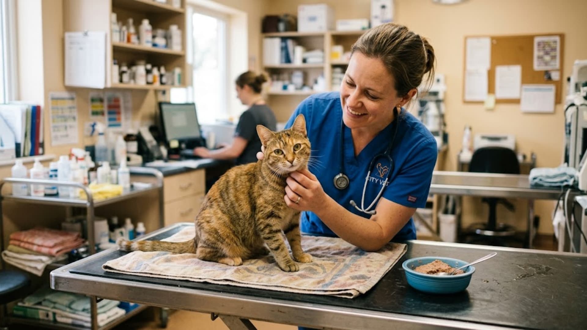 Veterinarian examining a healthy cat on a clinic table with a bowl of wet cat food nearby, professional setting, soft lighting, realistic