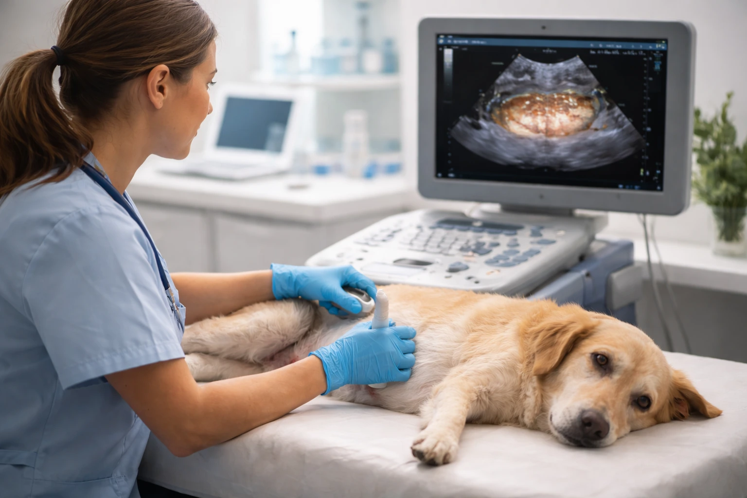 Veterinarian in blue scrubs performs an abdominal ultrasound on a golden retriever dog lying on a clinic exam table.