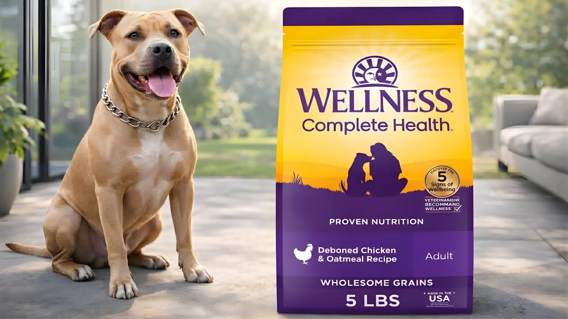 Wellness Complete Health adult dog food bag beside pitbull sitting outdoors