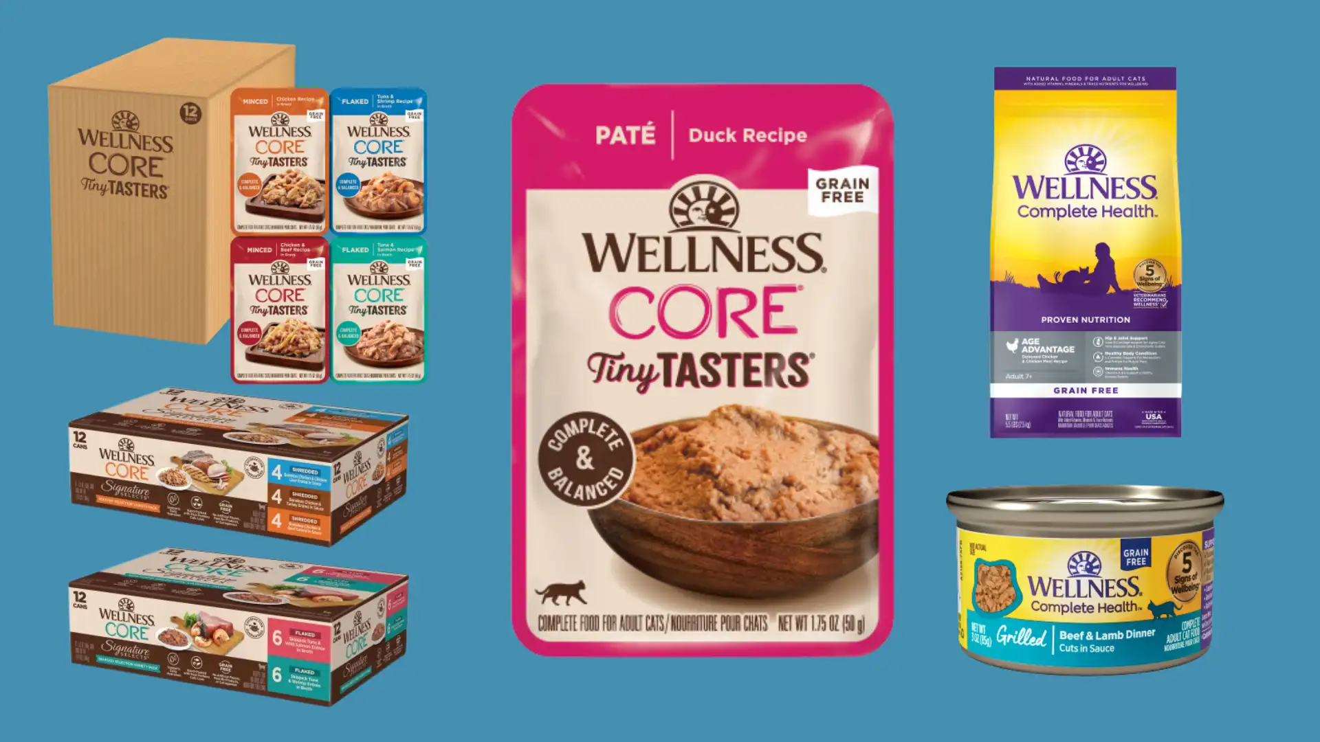 Wellness CORE and Complete Health cat food products including wet pouches, cans, and dry food bags