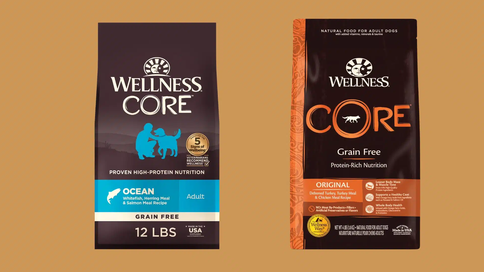 Wellness CORE grain free high protein dog food bags including Ocean and Original recipes