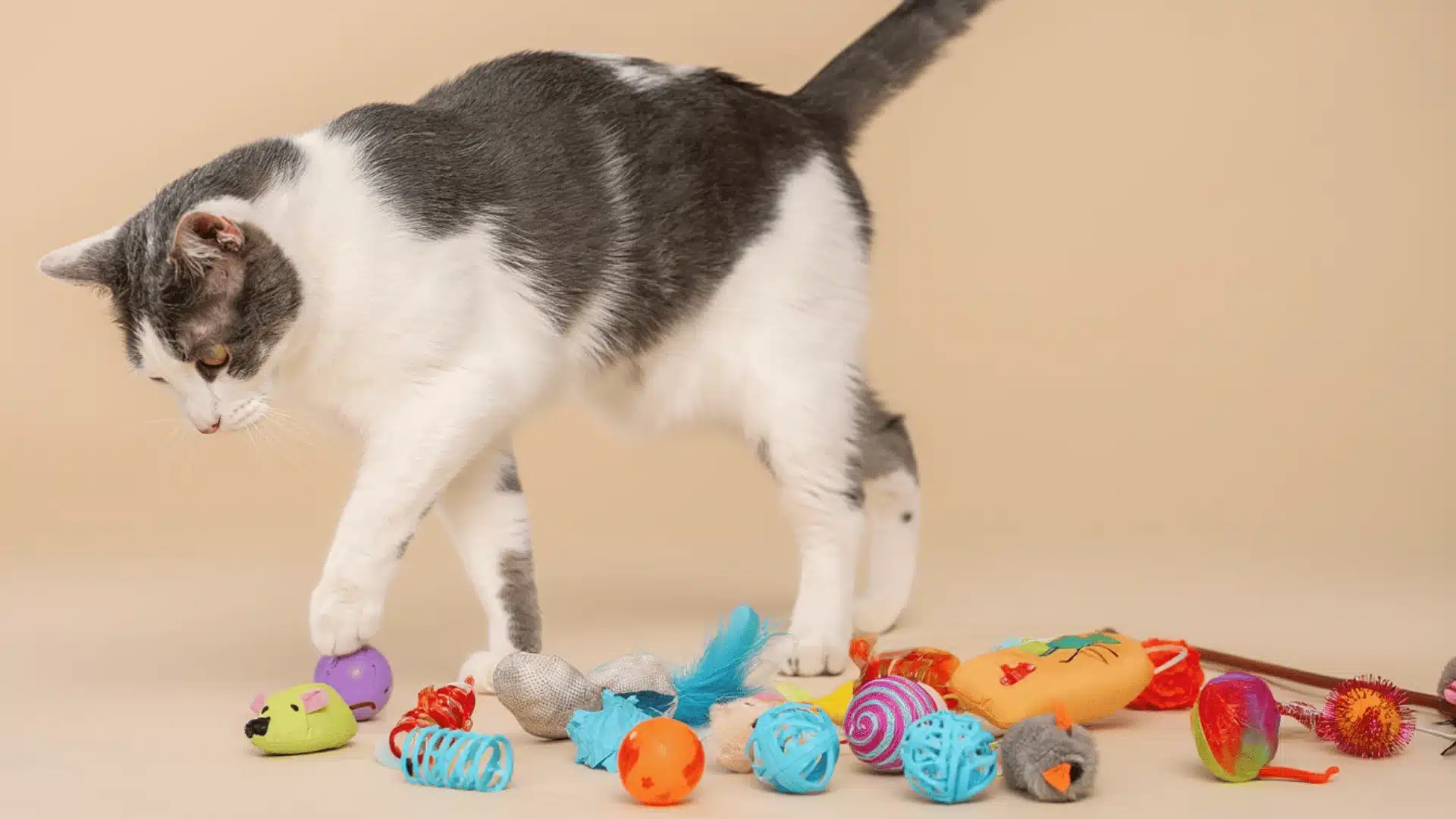 White and gray cat standing among assorted colorful cat toys on a plain background