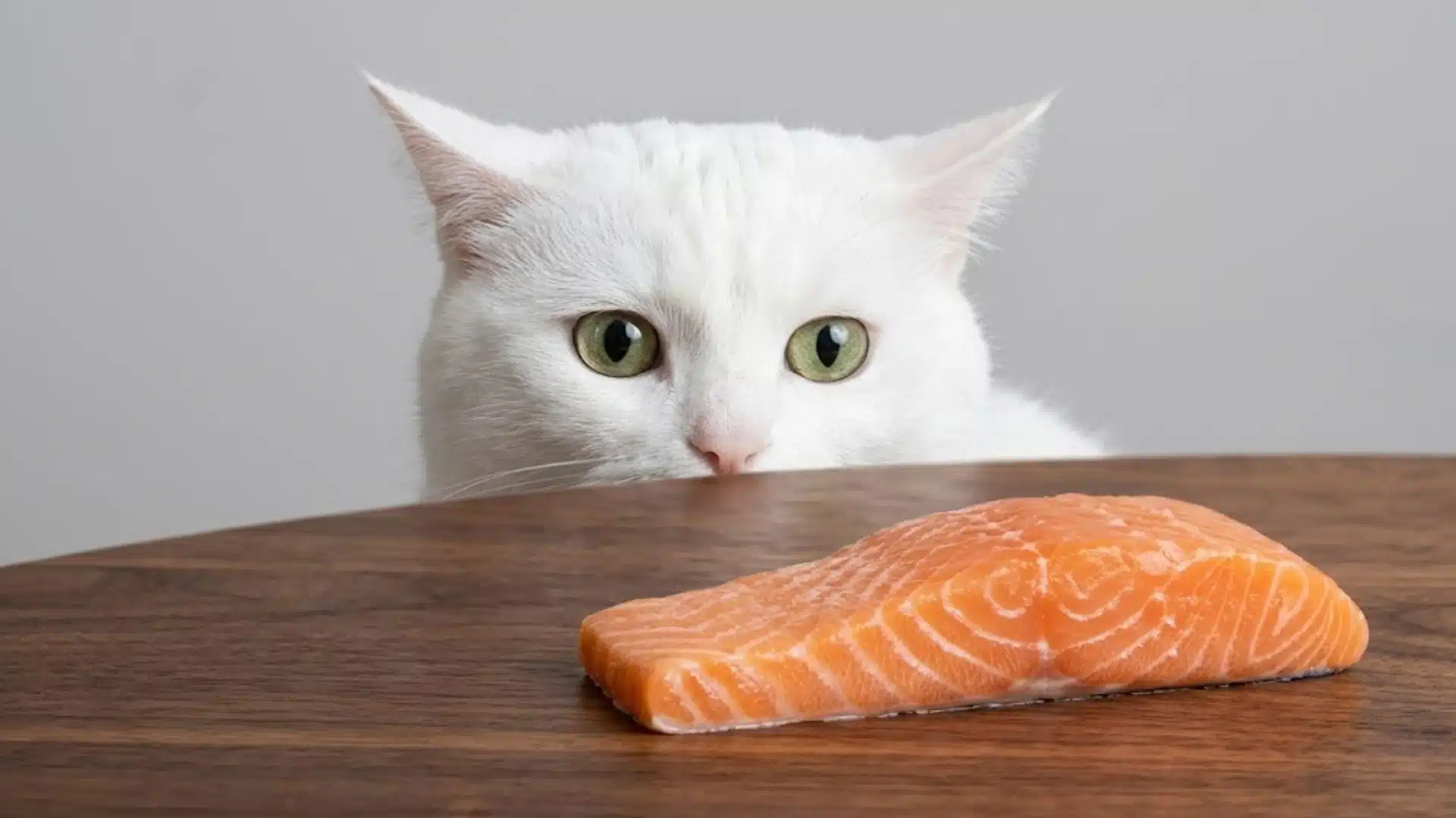 White cat peeking over table at raw salmon fillet, focused eyes showing curiosity toward fish on wooden surface