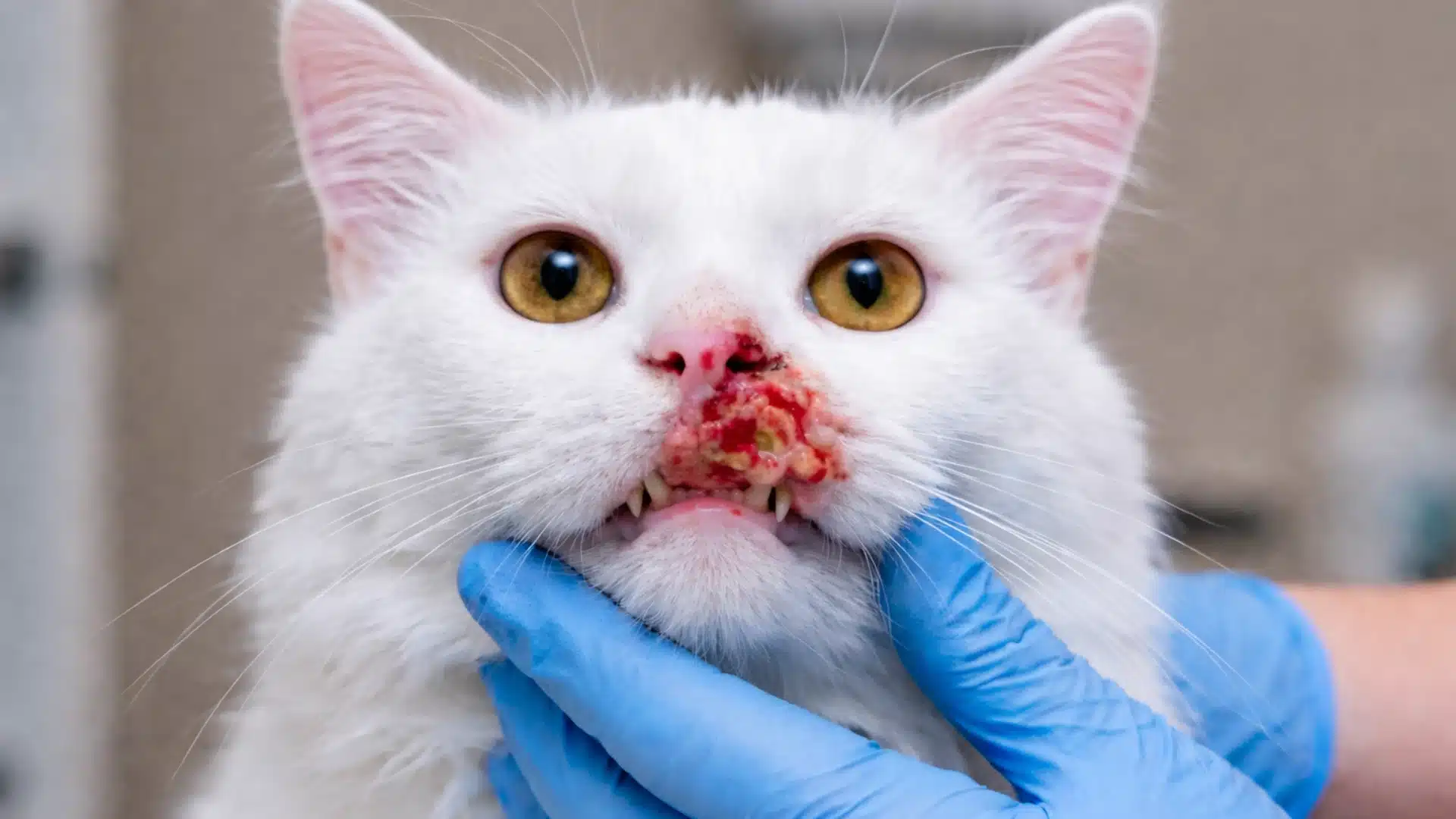White cat with eosinophilic granuloma complex held by vet, showing inflamed skin and identical amber eyes