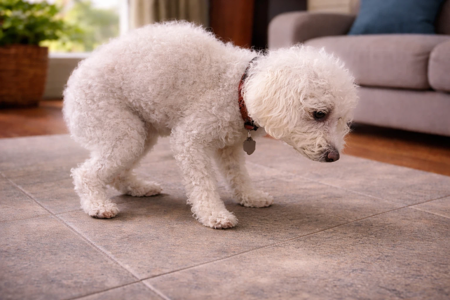 White curly coated dog standing hunched indoors possibly showing discomfort from pancreatic inflammation