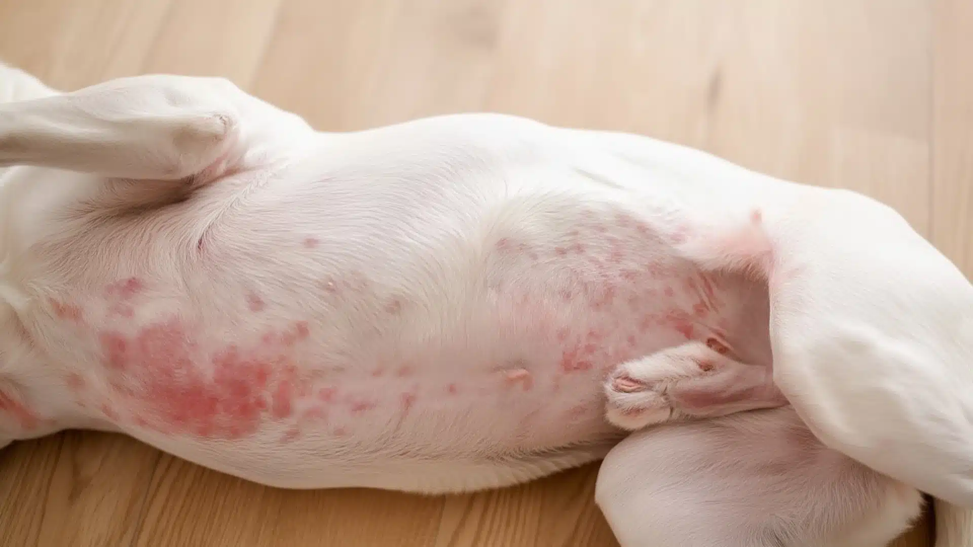 White dog lying on its side showing widespread allergy bumps on dogs belly and groin with red inflamed patches
