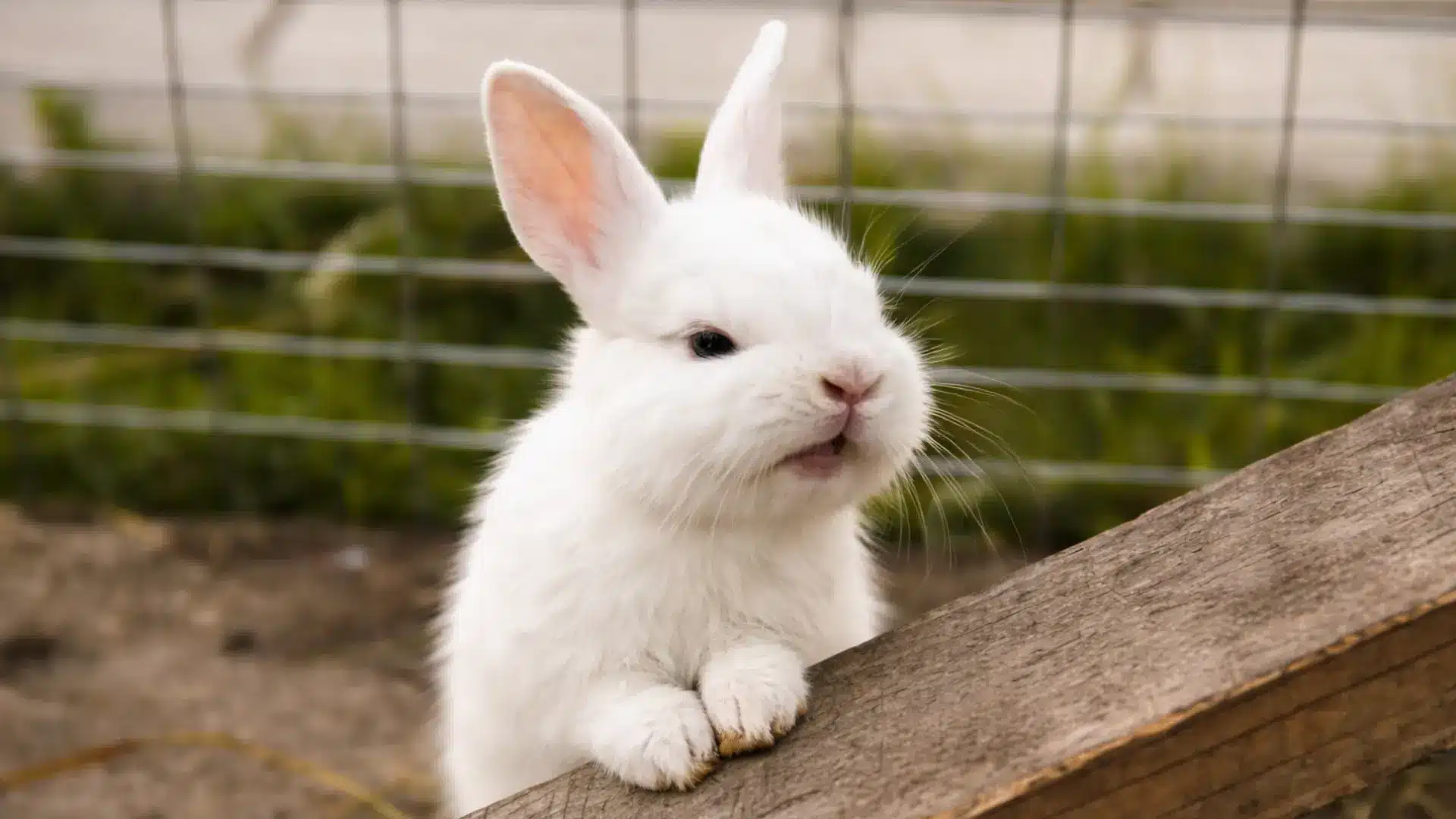 White rabbit standing on wooden plank inside enclosure, with visible breath in cool outdoor setting
