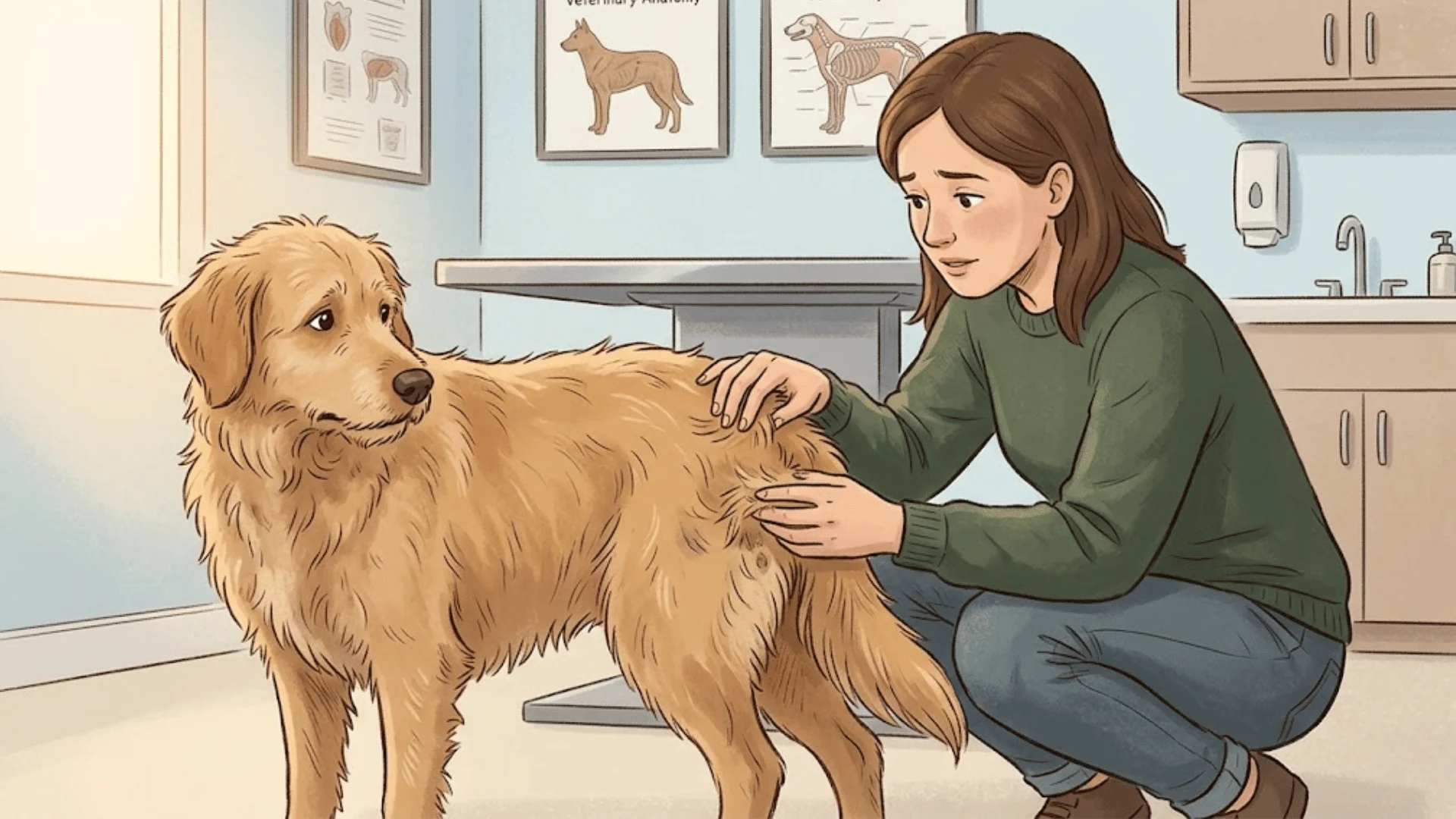 Woman examining dog’s fur at vet clinic, checking for skin issues or parasites while dog stands calmly
