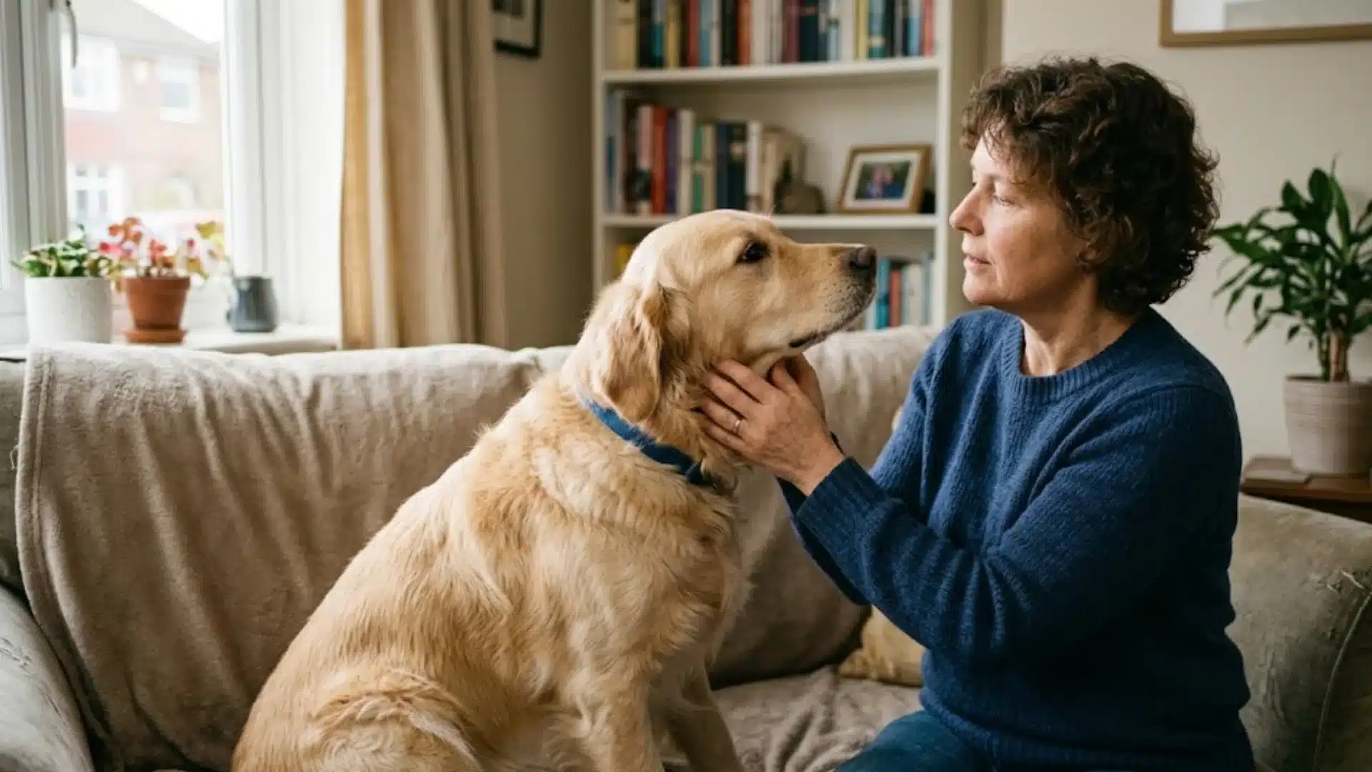 Woman gently checking her dog’s neck area for lymph nodes while sitting together on a couch