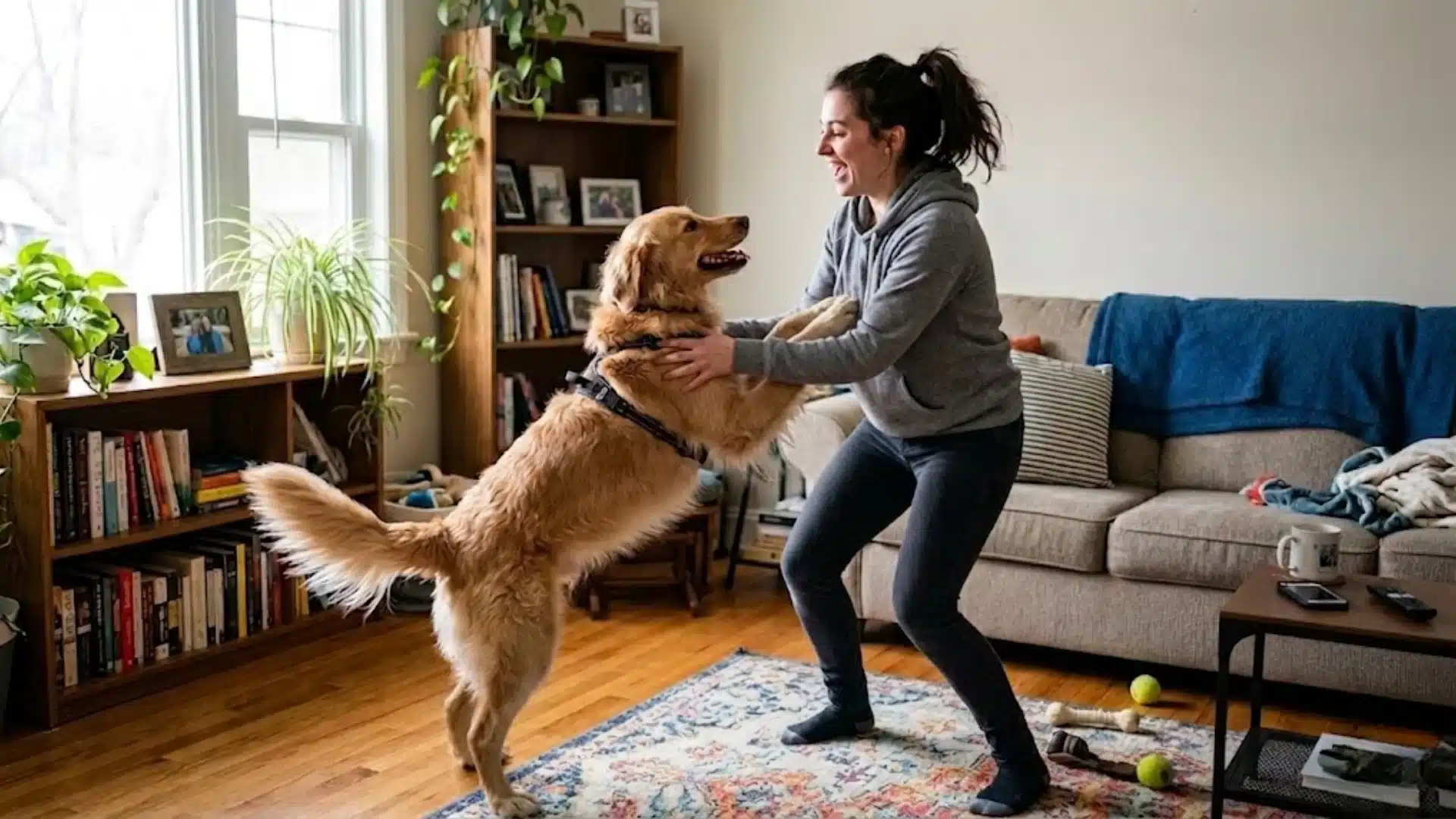 Woman interacting with her dog indoors as it jumps on her, unintentionally reinforcing jumping behavior (1)