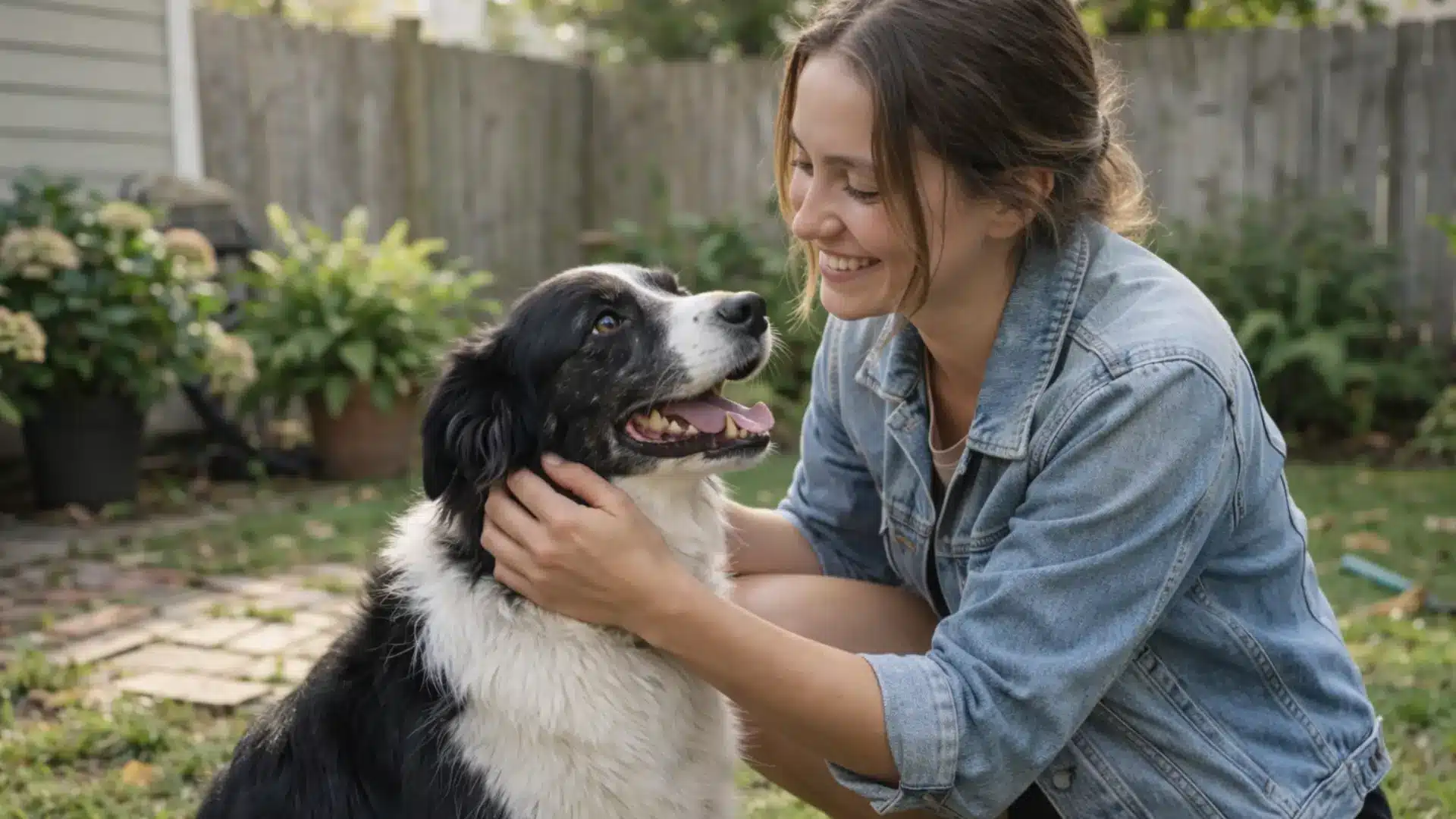 Woman smiling while petting black and white dog in backyard garden with grass and wooden fence setting