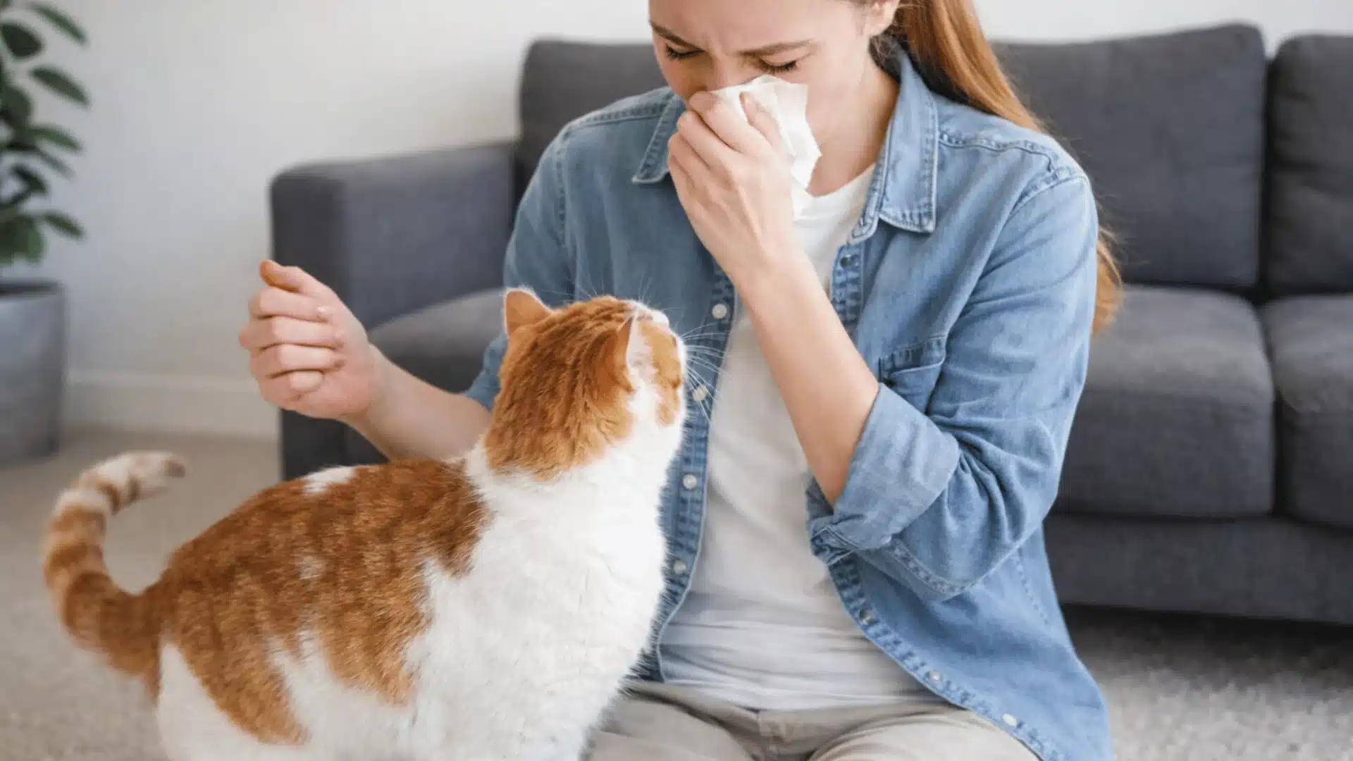 Woman sneezing into tissue while orange and white cat looks up at her on living room floor