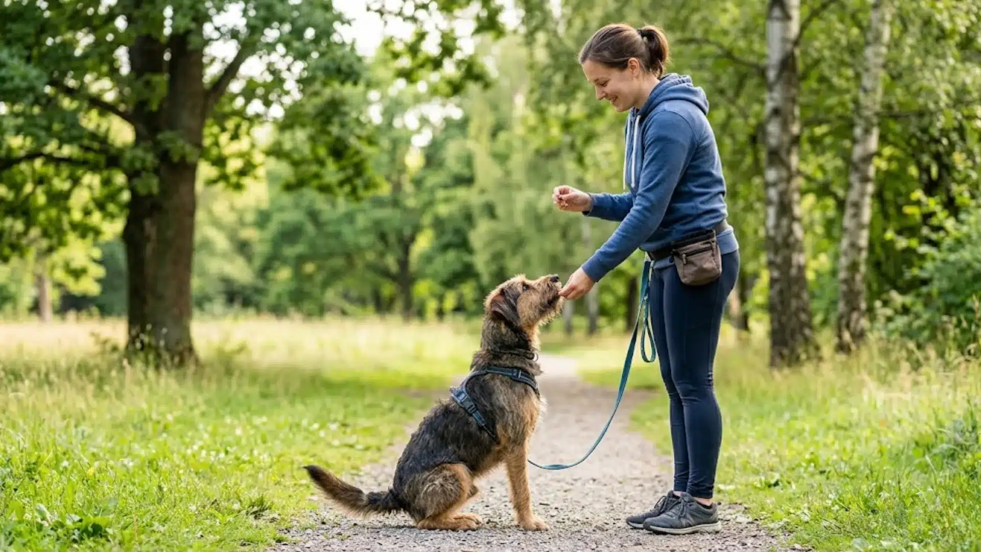 Woman training her dog outdoors, rewarding it for sitting calmly on a leash in a park setting