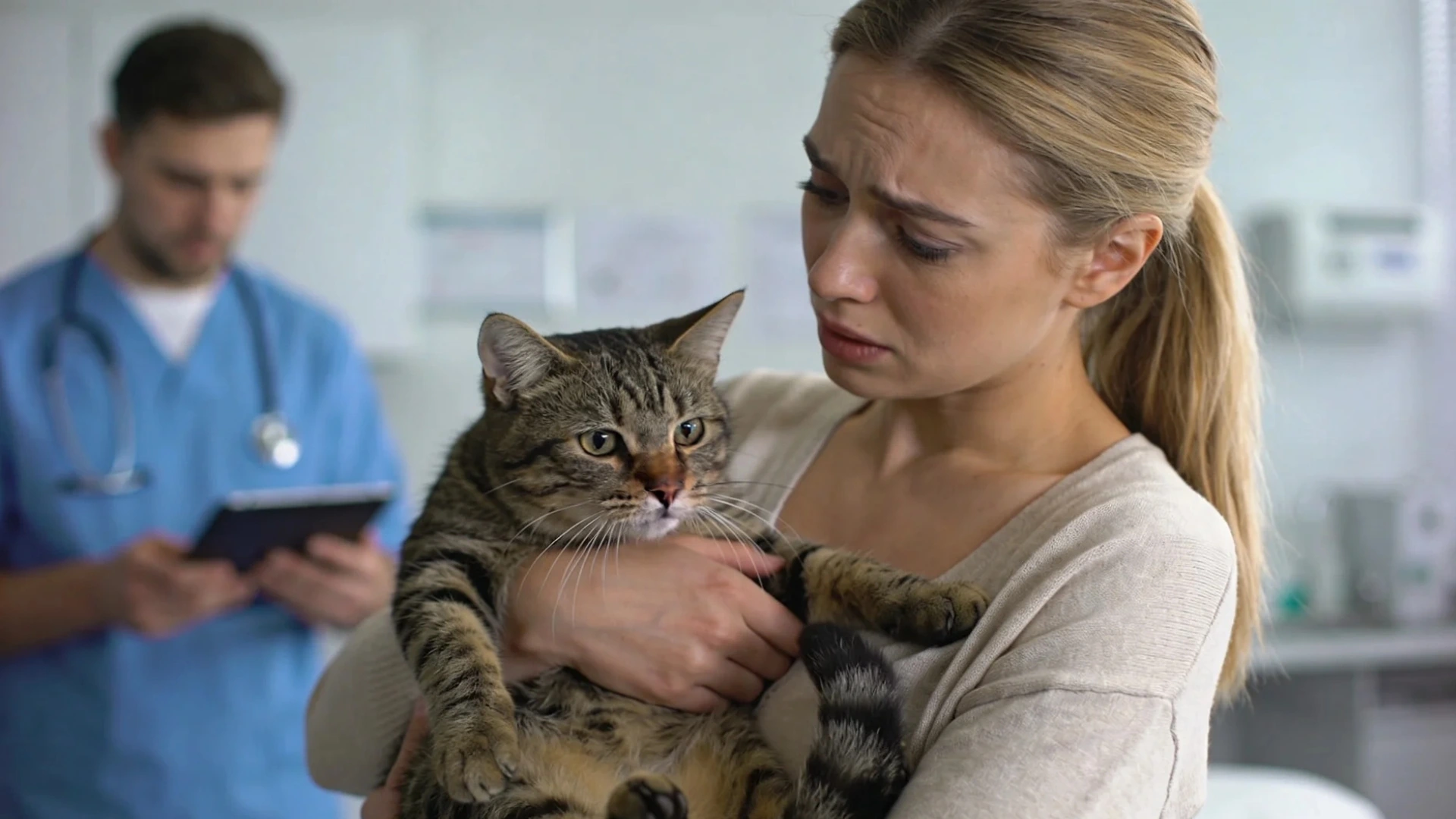 Worried cat owner holding her cat at a vet clinic, veterinarian in background with focused expression