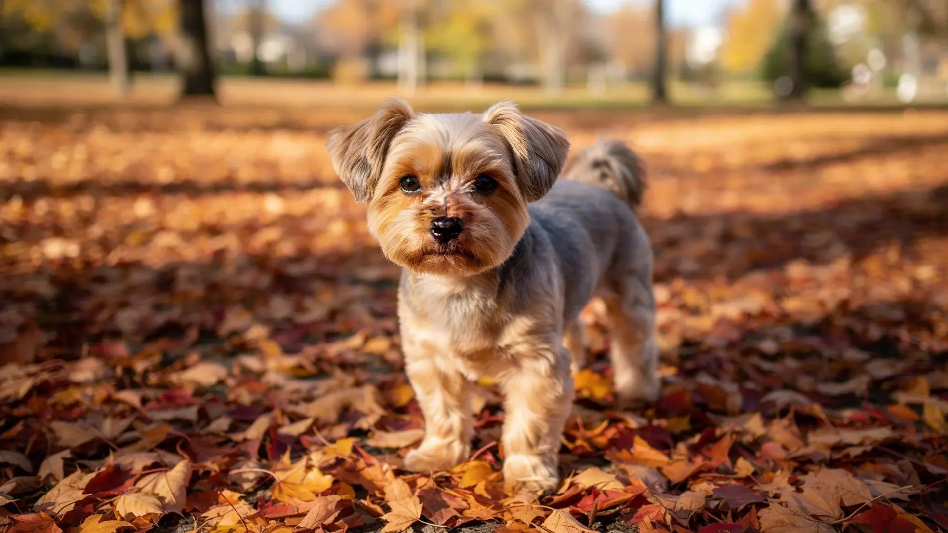 Yorkipoo standing on autumn leaves small mixed breed dog with trimmed coat in fall park setting